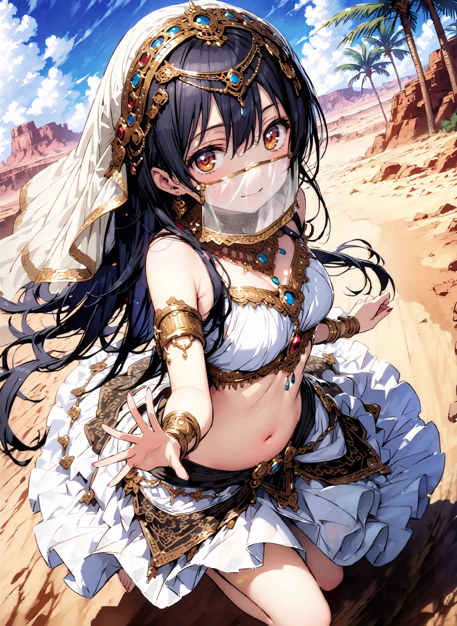 score_9, score_8_up, score_7_up, source_anime, Sonoda Umi , long straight hair, bungs, hair between eyes, brown eyes, blue hair,smile,cover, small ,Arabian clothing, dancer , mouth Veil, belly Dancing,Bare legs,bare feet, Veil, Armlet,Palm Trees,full bodyがillustrationsに入るように, break outdoors, desert,オアシス
break looking at viewer,full body,
break (masterpiece:1.2), Top Quality, high resolution, Unity 8k 壁紙, (illustrations:0.8), (beautiful detailed eyes:1.6), very detailed face, so that it fits into the illustration, extremely detailed CG, (Perfect Hand, perfect anatomy),
