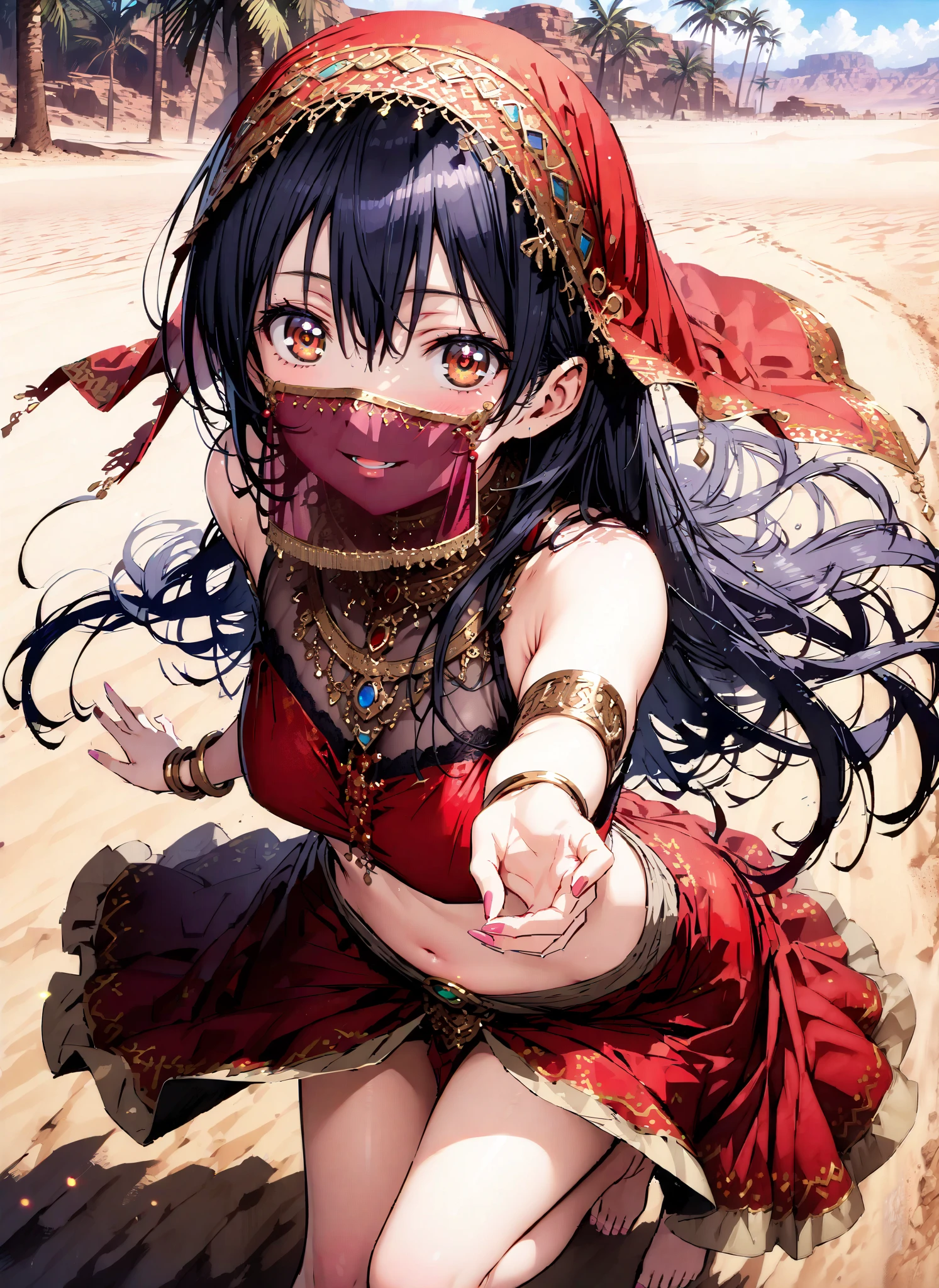 score_9, score_8_up, score_7_up, source_anime, Sonoda Umi , long straight hair, bungs, hair between eyes, brown eyes, blue hair,smile,cover, small ,Arabian clothing, dancer , mouth Veil, belly Dancing,Bare legs,bare feet, Veil, Armlet,Palm Trees,full bodyがillustrationsに入るように, break outdoors, desert,オアシス
break looking at viewer,full body,
break (masterpiece:1.2), Top Quality, high resolution, Unity 8k 壁紙, (illustrations:0.8), (beautiful detailed eyes:1.6), very detailed face, so that it fits into the illustration, extremely detailed CG, (Perfect Hand, perfect anatomy),