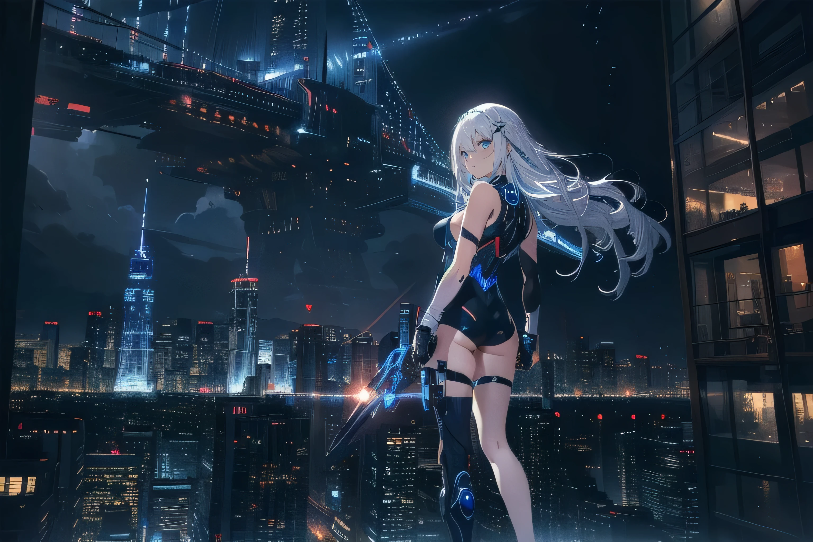 (masterpiece), (best quality), ultra detailed, finely detailed color, cenematic painting, (Top image quality), (Ultra Detailed), (Facing forward), top quality, masterpiece, (((only 1 girl))), Silver Hair, white hair, ((Long hair)), (deep blue eyes:1.6), night, urban, ((holding cybernetic weapon)), ((high leg)), ((bare legs)), ((sleeveless)), battle suit, bodysuit, mecha suit, black suit, skyline, ((city background:1.2))