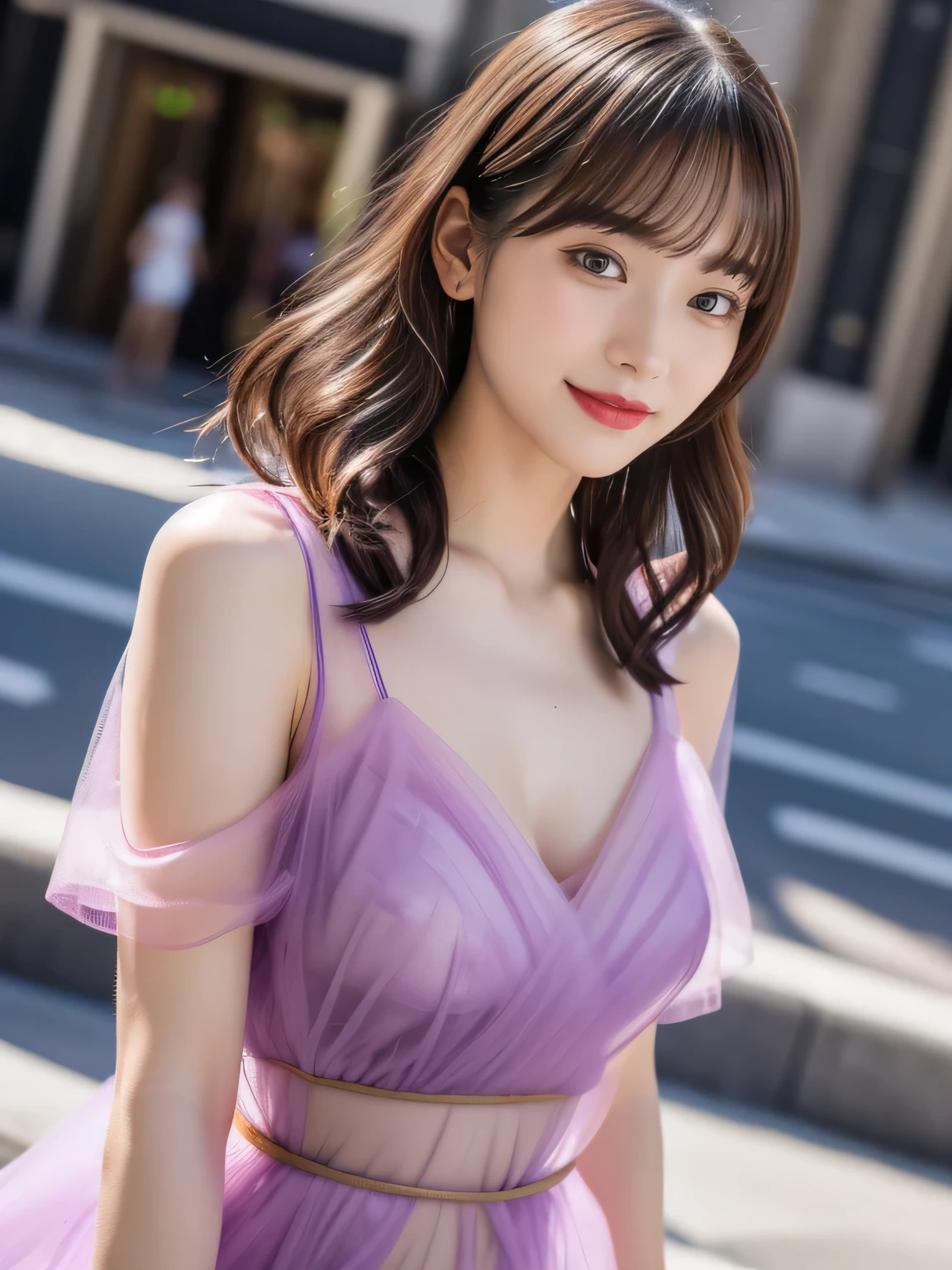 One 18-year-old Japanese woman、Japanese Idols、RAW Photos、(Photorealistic:1.5)、(最high quality、 high quality、High resolution、 最high quality、16k、(A beautiful woman with a wonderful appearance:1.8)、(Very delicate and beautiful:1.3)、One Girl、 Beautiful Face、(Violet Silk Bra)、Plain navy denim mini skirt、(Micro Mini:1.8)、Blurred Background、Natural, lustrous white skin tone、Transparent muscle、(Super long, shiny, super straight hair that reaches down to her waist:1.8)、Long Bangs、Light brown hair、Big and beautiful eyes、bare clavicle、Naked shoulders、Deep cleavage、(She was very revealing, wearing only two clothes: a violet bra and a super mini skirt.:1.8)、(Long and slender legs:1.8)、(Particles of light、 Lens flare、 Luminous Particles: 1.1)、View Viewer、Bright lighting、Professional Lighting、One girl、