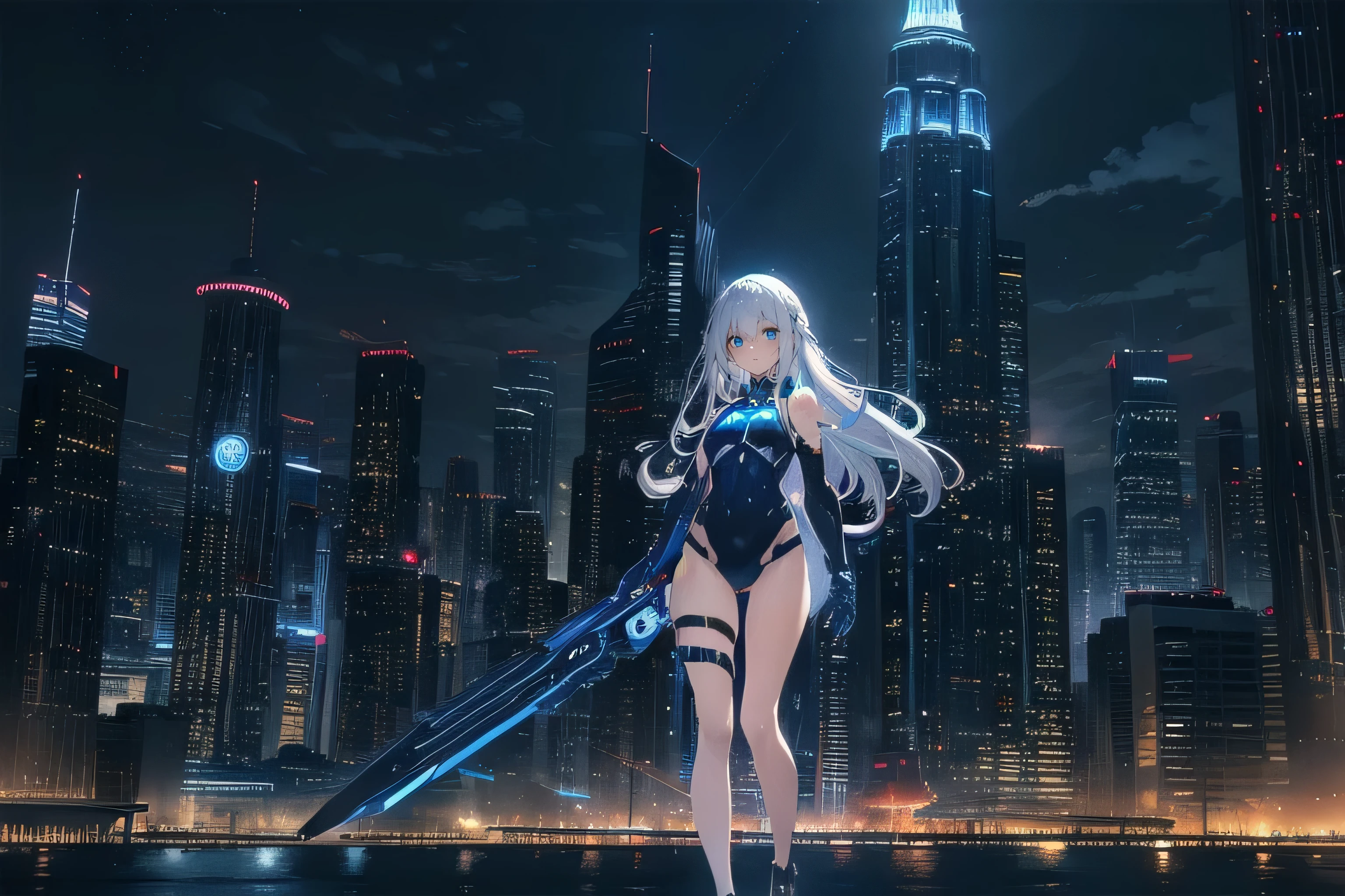 (masterpiece), (best quality), ultra detailed, finely detailed color, cenematic painting, (Top image quality), (Ultra Detailed), (Facing forward), top quality, masterpiece, (((only 1 girl))), Silver Hair, white hair, ((Long hair)), (deep blue eyes:1.6), night, urban, ((holding cybernetic weapon)), ((high leg)), ((bare legs)), ((sleeveless)), battle suit, bodysuit, mecha suit, black suit, skyline, ((city background:1.2))