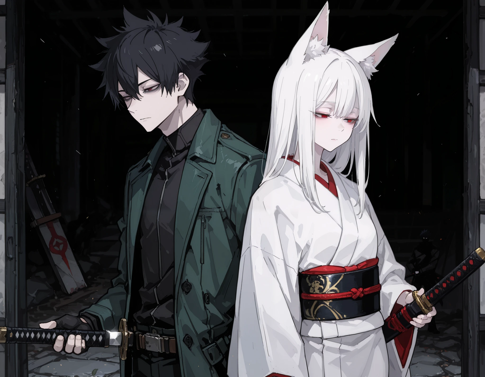 1boy, 1girl, standing, newest, highres, highly detailed, best quality, masterpiece, stylish pose, boy and albino girl, girl is white kimono, girl is no gloves, girl is no jacket, girl is fox ears, girl is white hair,
(weapon, katana, holding sheathed katana:1.5, perfect katana), black long coat, black slacks, black fingerless gloves, Expressionless, half closed eyes, slit pupils, puple eye, all back hair, spiky hair, black hair, tired hair,
score_9, score_8_up, score_8,source_anime,