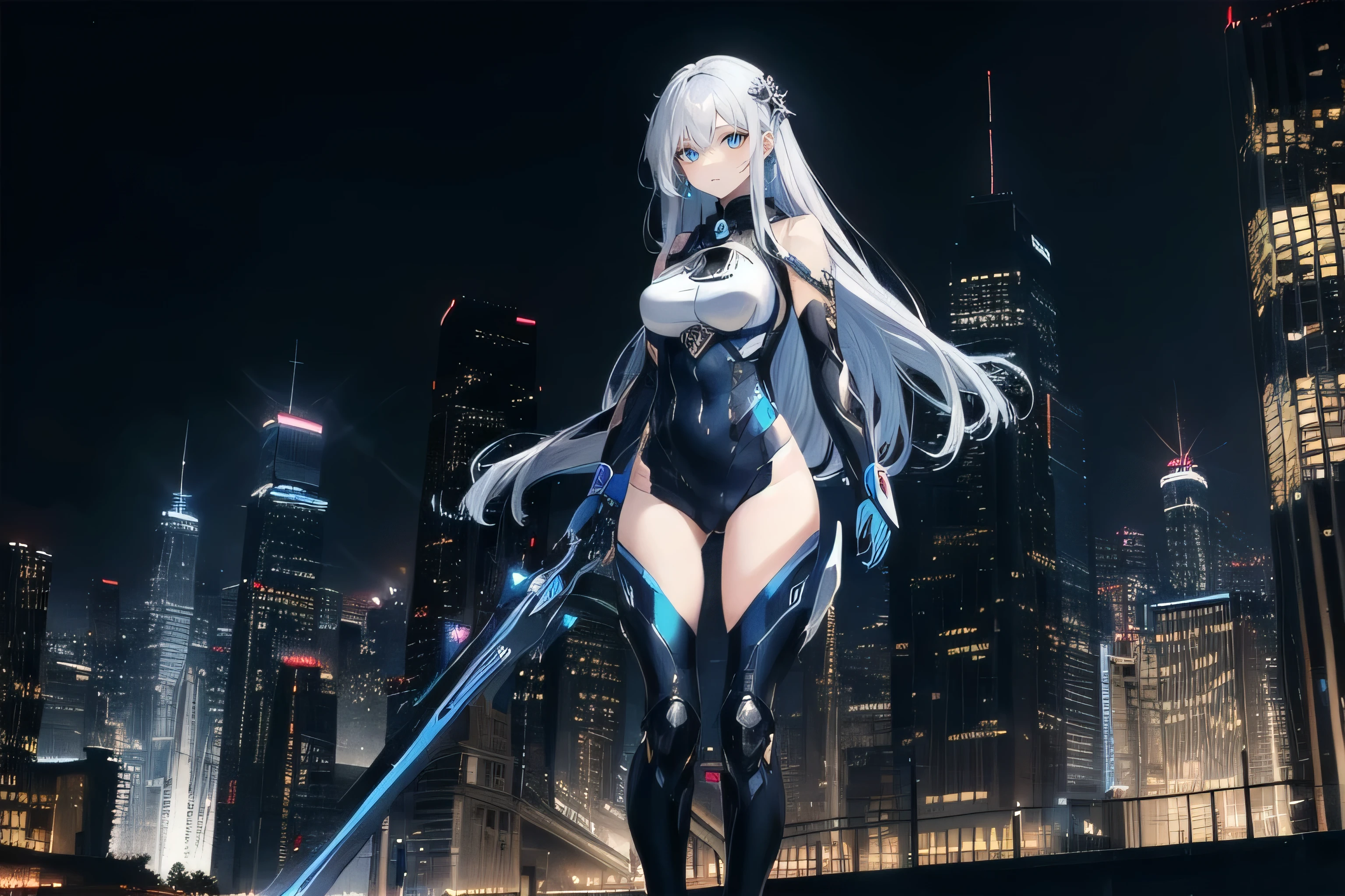 (masterpiece), (best quality), ultra detailed, finely detailed color, cenematic painting, (Top image quality), (Ultra Detailed), (Facing forward), top quality, masterpiece, (((only 1 girl))), Silver Hair, white hair, ((Long hair)), (deep blue eyes:1.6), night, urban, ((holding cybernetic weapon)), ((high leg)), ((bare legs)), ((sleeveless)), battle suit, bodysuit, mecha suit, black suit, skyline, ((city background:1.2))