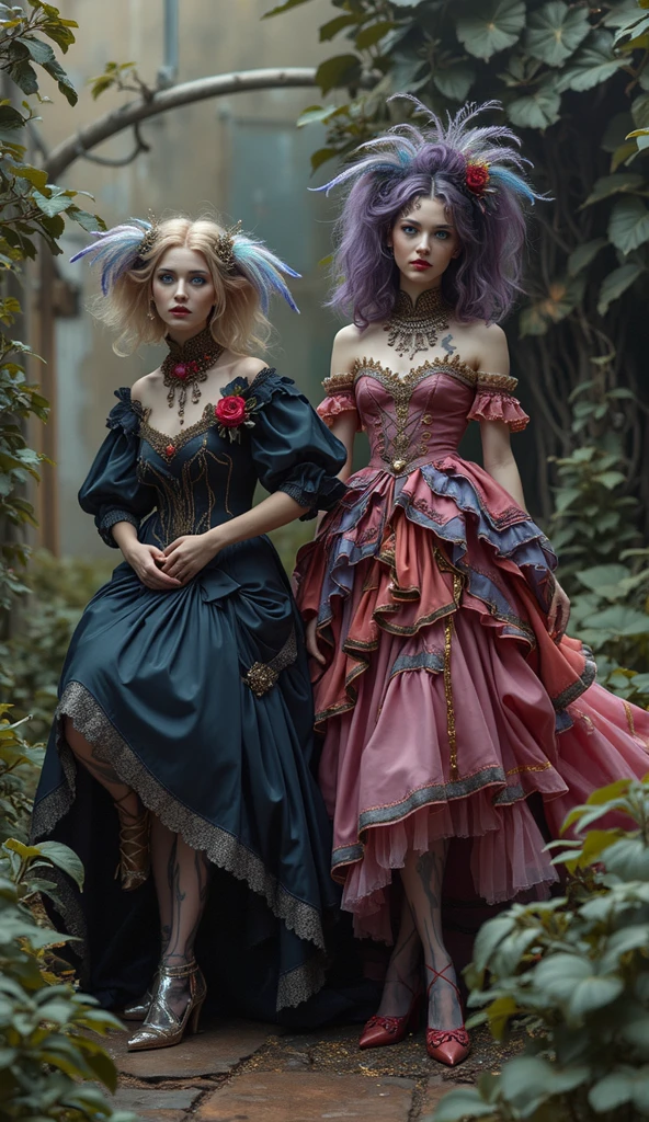 a detailed painting of attractive swedish sweaty woman with sprigs and flowers in her hair, ((azure eyes)), ((platinum hair)), wearing corset frills, inspired by Alexander Bogen, Greg Rutkowski. black-white-pink-silver-yellow colors, full dynamic color, close up character, intricate punk woman with runic face tattoos, kiss, hug, kissing breasts, short blonde hair, in a shadowed archway, medieval, urban, alley, night