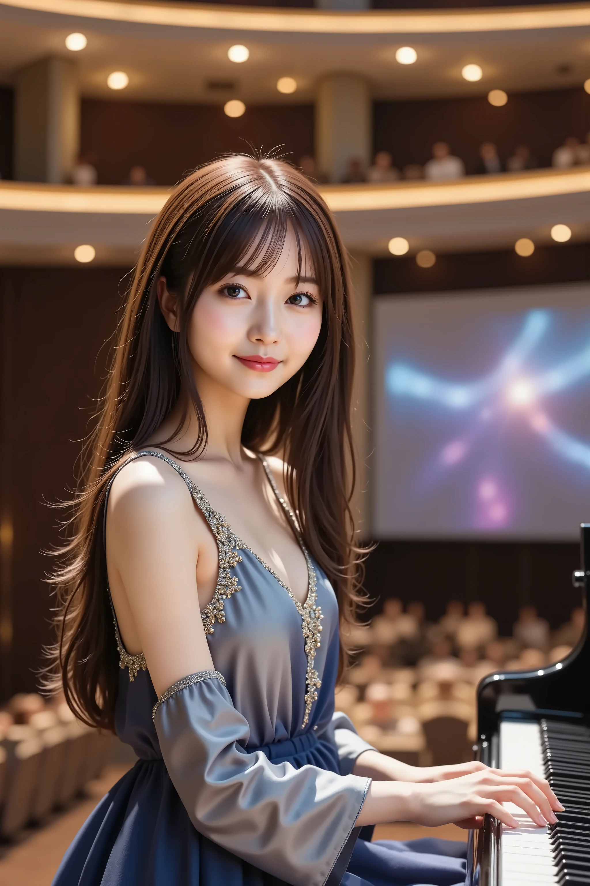 A highly detailed, ultra-realistic digital illustration of a beautiful young Asian female pianist performing on a grand, brightly lit concert stage. She is depicted from the waist up, with her long, voluminous chestnut brown hair cascading in soft curls, a few strands elegantly framing her delicate face. Her almond-shaped eyes focus intently on the piano keys, reflecting deep concentration and passion. Her soft pink lips are slightly parted, immersed in the music's emotion.
She wears an elegant, flowing gown of shimmering deep blue and silver satin, complementing the stage's grandeur. The intricately embroidered bodice sparkles under the lights. Her slender fingers glide gracefully over the grand piano's glossy keys, her poised posture conveying technical mastery and heartfelt emotion.
The polished black grand piano reflects the surrounding stage lights, its open lid revealing intricate mechanics. A small, elegant microphone nearby captures the nuances of her performance.
The background showcases a grand concert hall illuminated by warm, golden stage lighting casting a soft glow. Spotlights highlight the pianist and piano, drawing attention to the performance's center. Rows of seats fade into darkness, faint audience silhouettes visible in the distance. A large, curved LED screen behind displays abstract visuals of flowing lights and ethereal colors, enhancing the enchanting atmosphere.
The composition is balanced, with the pianist and grand piano centrally framed, allowing appreciation of her expressive performance and the immersive concert hall ambiance. Rendered in stunning 8K resolution, the image captures every intricate detail with pristine clarity, from individual strands of her curled hair to delicate reflections on the piano's surface.