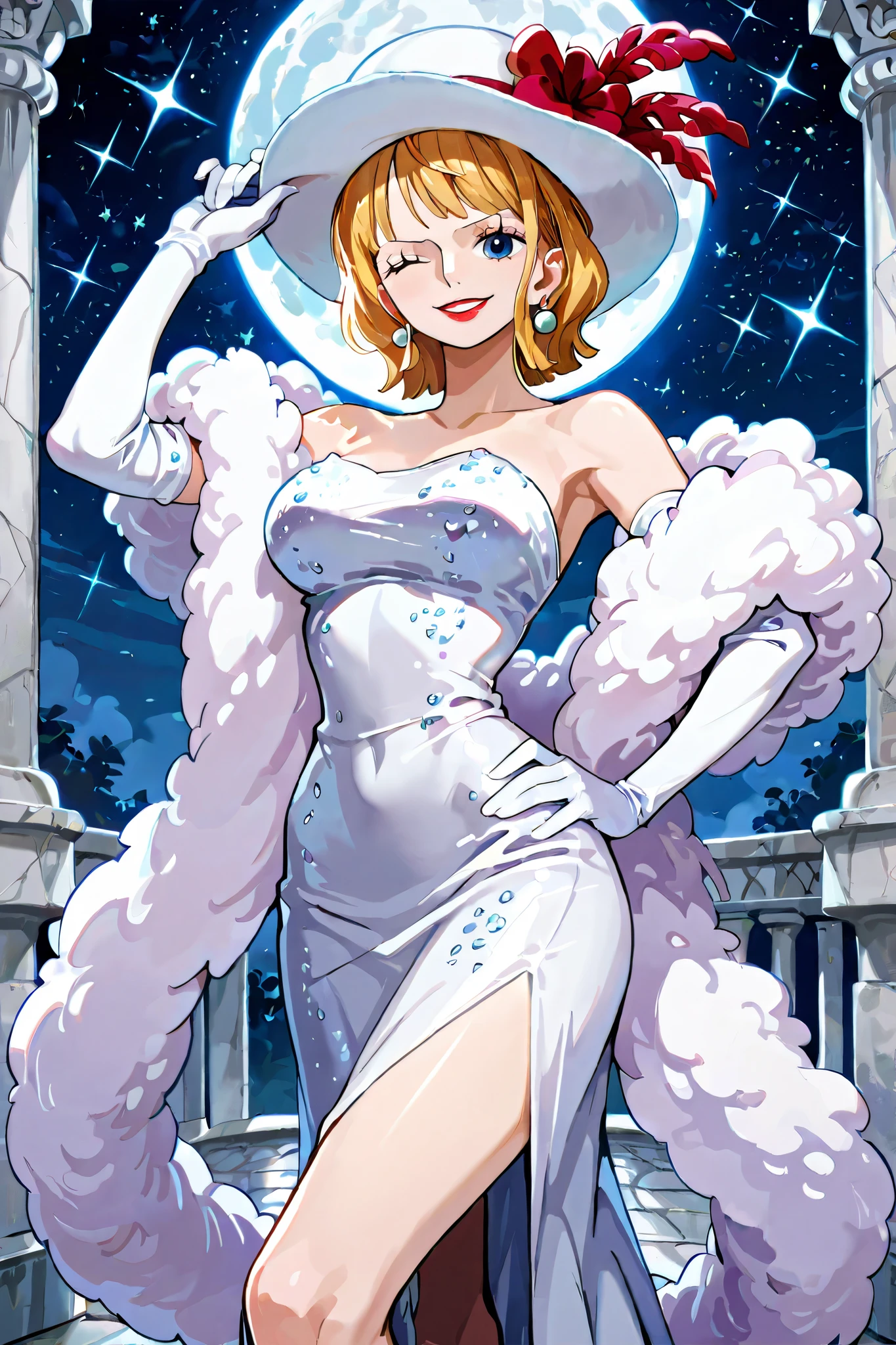 (masterpiece) solo, 1girl, stussy, one piece, short blonde hair, earrings, blue eyes, red lipstick, sleek legs, (white wide flat-brim hat with a ribbon decoration), (white long dress with sequins, off shoulder, ), white fur boa, strapless, ((white elbow length gloves)), (smiling, coy, confident), posing in a marble courtyard, (right hand on hip, tipping her hat with left hand) night scene, starry background, full moon in the sky, elegant pose, statuesque, razzle dazzle vibes, close up shot, facing the viewer, SFW, (winking to viewer)