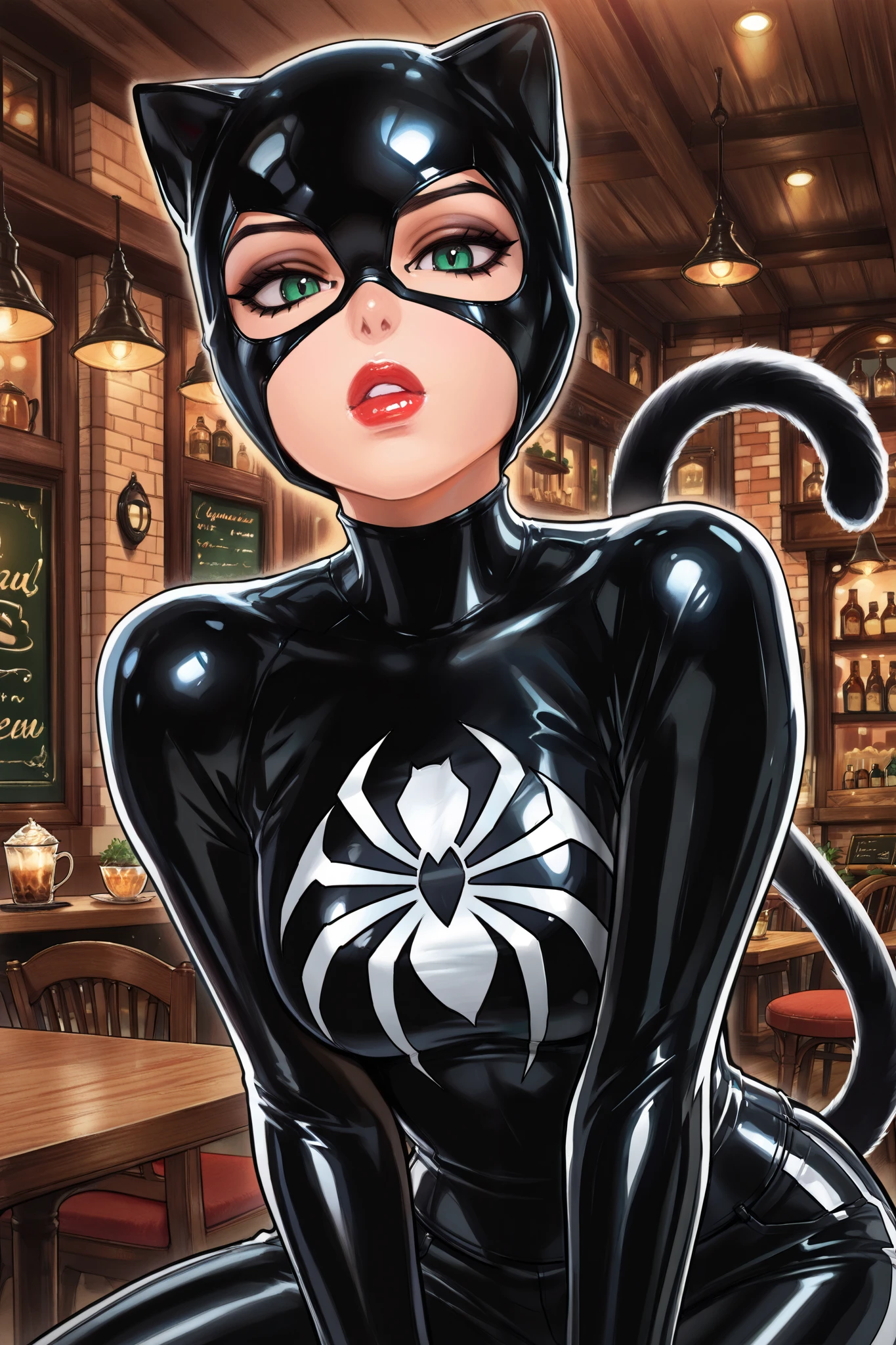 masterpiece, best quality, amazing quality, newest, very aesthetic, 1girl,cat woman from \(marvel spider man\),A seductively feline Catwoman, inspired by Marvel's Spider-Man, gazes at the viewer in a classic cat pose. Her luscious red lips stand out against the night cafe background, adding a touch of mystery and allure to the scene. This visually stunning image, reminiscent of a painting, captures the essence of this iconic character in a front view. The intricate details of her sleek costume, sultry expression, and the captivating setting are rendered with exceptional quality, drawing viewers in with a sense of elegance and intrigue.