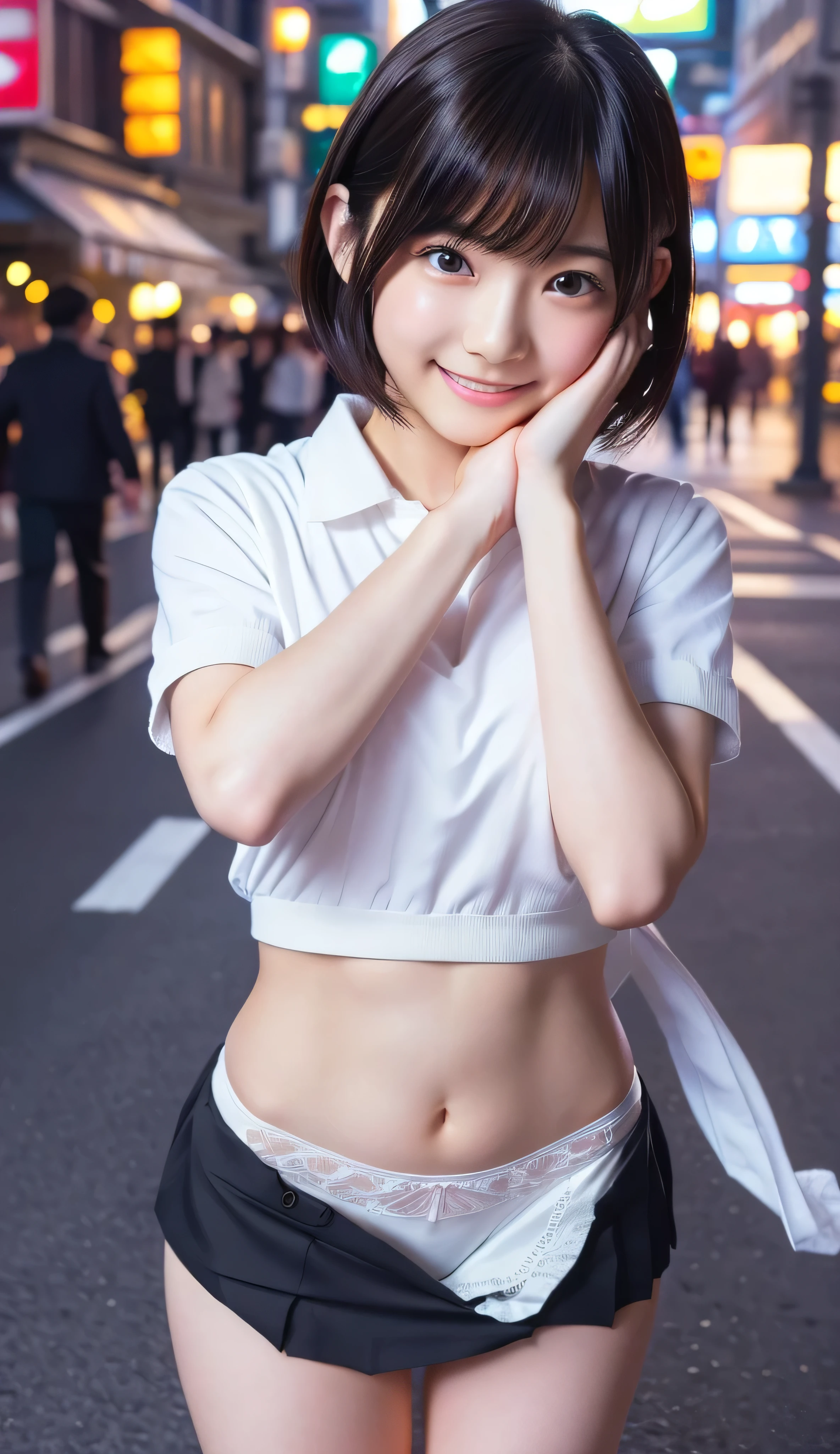 Tokyo, Shibuya Scramble Crossing, crosswalk, (8k, ultra-high resolution, highest quality, masterpiece:1.2), Masterpiece, best quality, illustration, ultra detailed, finely detailed, high resolution, 8k wallpaper, perfect dynamic composition, beautifully detailed eyes, (((She lifted her skirt with both hands to reveal her white panties))),  masterpiece,high resolution,realstic,RAW-photo,daytime,shoot from front,ung girl,extremely cute face,japanese idolsh face,detailed face,smiling,short cut hair,cute pose,bath