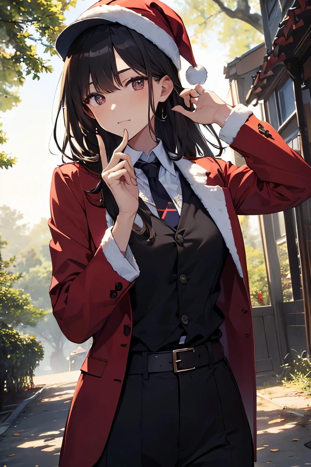 beautiful face. The appearance and body of Touji Fushiguro.  dark hair. hazelnut-colored eyes. Full Moon in the Sky. forest background. disheveled hair. wind-blown hair for a 27-year-old young man. A 27-year-old young man with a relaxed body. Illustration of Touji Fushiguro. stylish suit burgundy suit black shirt. English suit.  suit. tie. tie를 잡고 있는 4k. 고화질. HDR. accurate. elaborate. masterpiece . tear point under left eye. outer point above the right chest. Symmetrical detailed fingers. guy. 180cm 80kg. Santa Outfit Santa Hat Santa Features Surprise Gift Set Gift Pouch