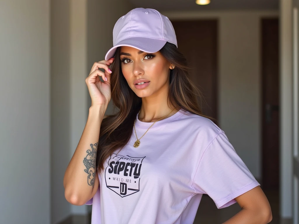 Sexy works of a black brunette woman in legions pink t-shirt who is