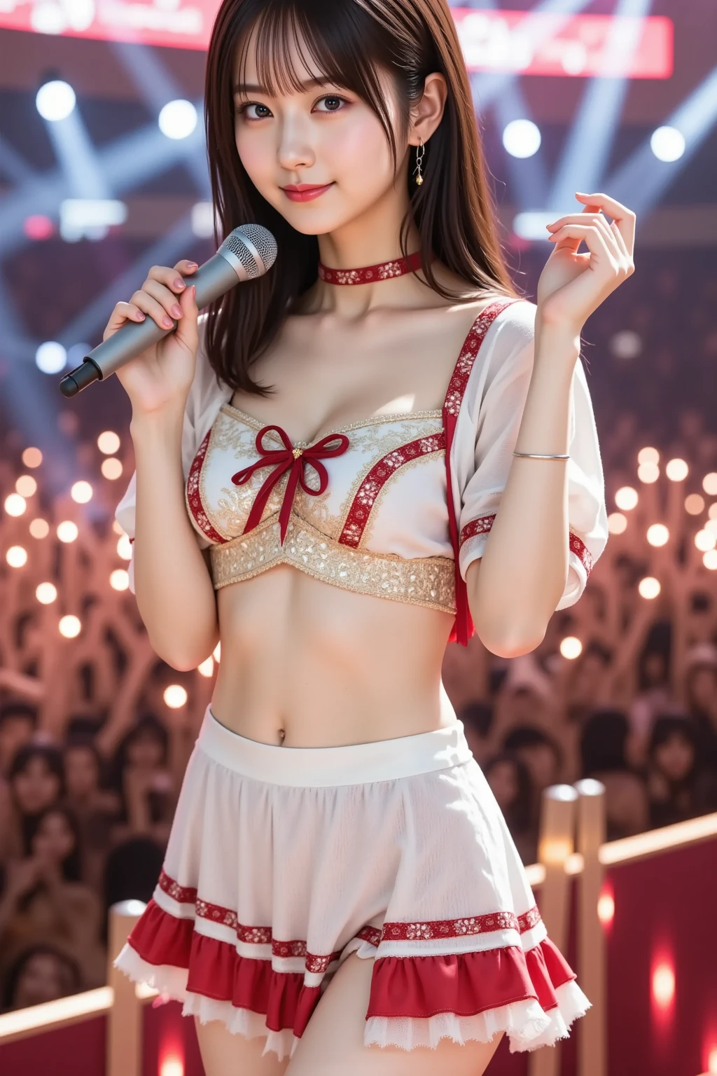 The only 18 year old beautiful idol、NSFW、Super detailed、High resolution、transcendental beauty highest quality、masterpiece、Please wear knee socks、Majimix Real、(RAW photo:1.2)、(Photoreal:1.4)、beauty in the details、and delicate expression、At a photo session、(Idol group uniform torn、I can see your nipples:1.5)、idol costume、blonde、brown hair、smooth medium hair、((you can see me))(squat)、eyelash、sparkling eyes、glossy lips、beautiful and detailed eyes、((Japanese beautiful girl))、very detailed expression、highly detailed face、movie lighting、positive、((dynamic pose))、((open stance))、(The front of the super miniskirt of the idol costume is torn、I can see your pussy:1.8), Idol group costumes、(Accurately represents the shape of the female genitals:1.5), (Detailed depiction of the labia minora, vaginal opening, Detailed depiction of the clitoris:1.5), (Open your legs wide and raise your knees:1.8)、(Dance with your legs up:1.6)、(man's hand touches pussy:1.8)、thin legs、(Open your mouth wide and see your tongue:1.7)、panting with sexual pleasure、(feel the climax of ecstasy:1.6)、open your mouth wide and scream、shame、Cheeks flushed slightly、Heartbreaking cry、angle from below