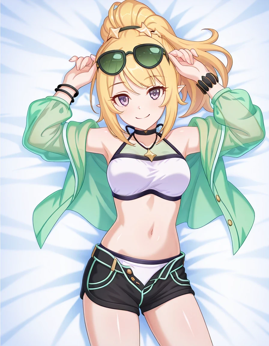 chloewinterPCR, long hair,blonde hair, hair ornament, navel, bare shoulders, purple eyes, jacket, swimsuit, ponytail, sidelocks, bikini, thighs, open clothes, pointy ears, midriff, off shoulder, stomach, open jacket, short shorts, halterneck, black choker, white bikini, black shorts, sunglasses, eyewear on head, green jacket, star hair ornament, open fly,green see-through, anime screencap, shiny skin, high quality, solo, lying, on back, arms up, legs apart, closed mouth, on bed, from above, three-quarter portrait, looking at viewer, smile, best quality,
