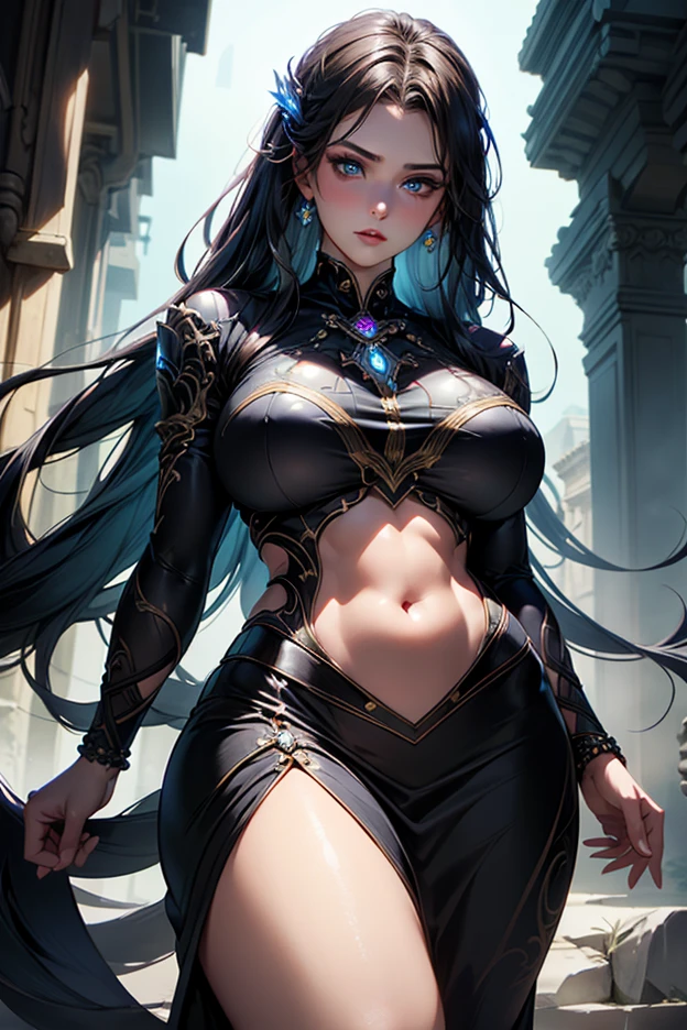 (masterpiece), best quality, expressive eyes, perfect face, Girl,long dark iridescent hair, iridescent eyes, small waist, small breast , large thighs,large ass, fantasy warrior outfit
