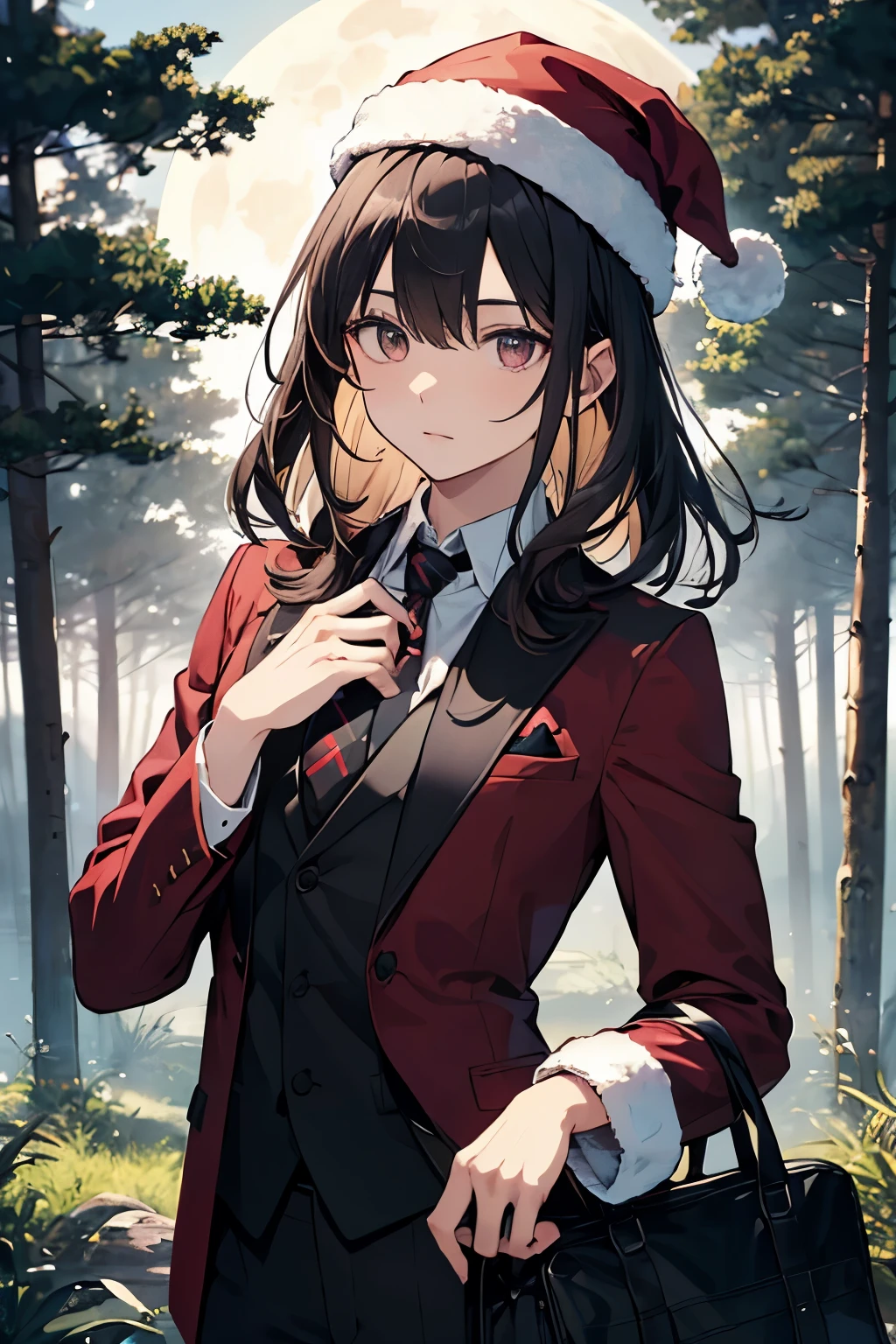beautiful face. The appearance and body of Touji Fushiguro.  dark hair. hazelnut-colored eyes. Full Moon in the Sky. forest background. disheveled hair. wind-blown hair for a 27-year-old young man. A 27-year-old young man with a relaxed body. Illustration of Touji Fushiguro. stylish suit burgundy suit black shirt. English suit.  suit. tie. tie를 잡고 있는 4k. 고화질. HDR. accurate. elaborate. masterpiece . tear point under left eye. outer point above the right chest. Symmetrical detailed fingers. guy. 180cm 80kg. Santa Outfit Santa Hat Santa Features Surprise Gift Set Gift Pouch
