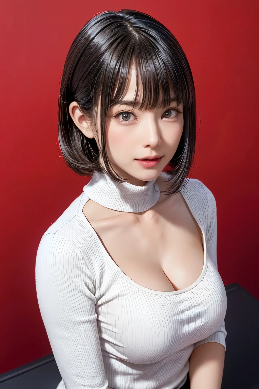 (masutepiece, top-quality、Very attractive adult beauty、Add intense highlights to the eyes、Look firmly at the camera:1.4、Beautiful woman full of adult charm、Ideal ratio body proportions、Perfect Anatomy、Brunette Short Bob Hair、Lustrous hair、lipgloss),1girl in, 独奏, Light brown shiny hair, muffler,realisitic, looking at the viewers、Tilt your head slightly, Bright colored crystal light blue eyes, short shiny hair、 White turtleneck outfit with a hole in the center of the chest,Sexy white turtleneck knit sweater with a round hole in the middle of the chest、 s lips, lipgloss,bangss, The upper part of the body、big eye、Lashes、The face is a little red、Embarrassing)、((Road system in Italy in winter))、((Shorthair with bangs、big eye、Put very strong highlights in your students、{Gigantic|Big|Huge|Mega} breasts:1.4、very Bigger breasts、gazing at viewer、Very beautiful beauty、Put your ears out、long neck、little smiling、Beautiful teeth、Open your mouth and smile、Heart-shaped pupil))、28 year old、Very cute supermodel、