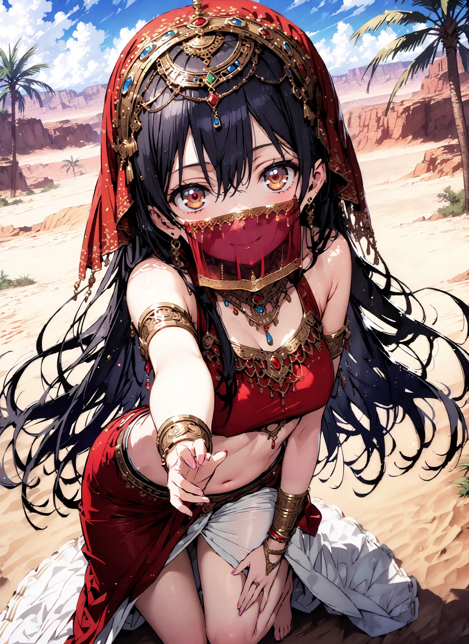 score_9, score_8_up, score_7_up, source_anime, Sonoda Umi , long straight hair, bungs, hair between eyes, brown eyes, blue hair,smile,cover, small ,Arabian clothing, dancer , mouth Veil, belly Dancing,Bare legs,bare feet, Veil, Armlet,Palm Trees,full bodyがillustrationsに入るように, break outdoors, desert,オアシス
break looking at viewer,full body,
break (masterpiece:1.2), Top Quality, high resolution, Unity 8k 壁紙, (illustrations:0.8), (beautiful detailed eyes:1.6), very detailed face, so that it fits into the illustration, extremely detailed CG, (Perfect Hand, perfect anatomy),