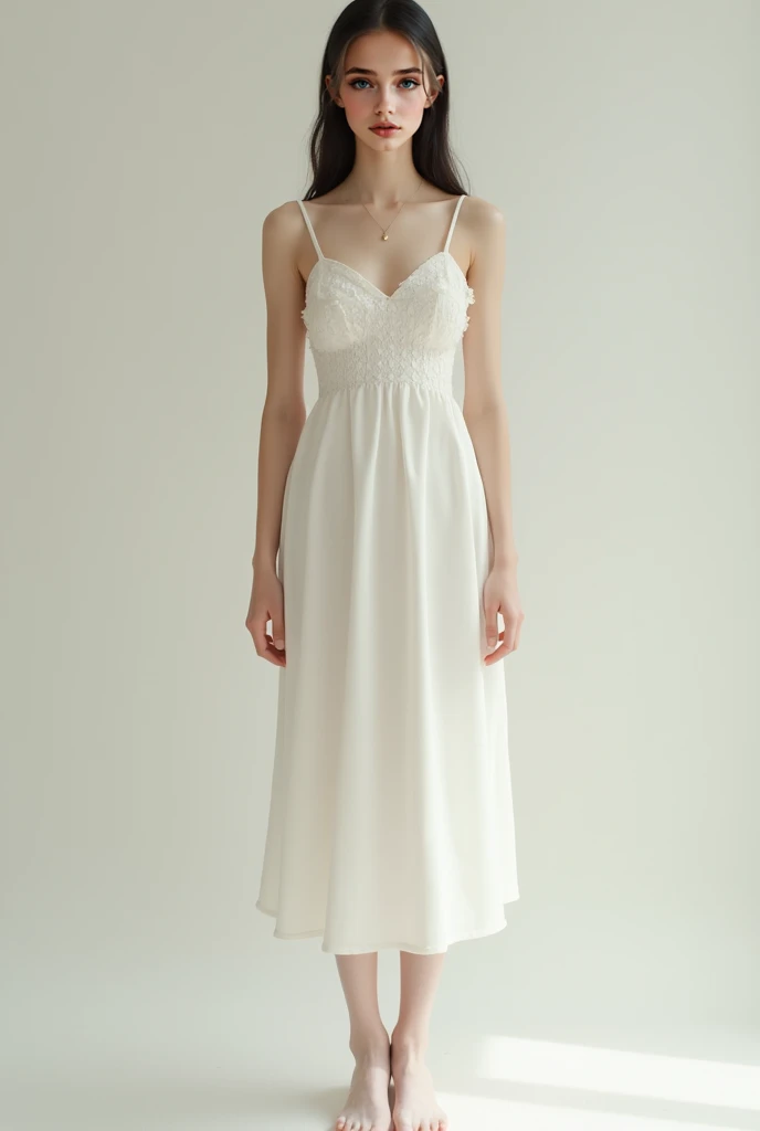 A Korean woman who is 1. She stands at full height, from head to toe in a white dress.