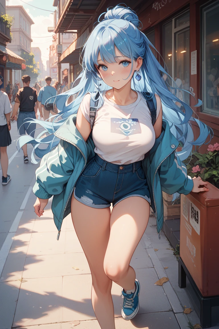 realistic image, coherent image, detailed image, 1 beautiful elf, She has long dark blue hair, long eyelashes. Greenish blue eyes. Her face is oval and delicate, smiling. She is wearing a long-sleeved t-shirt, showing her navel, ripped shorts, and sneakers. She has a curvy body, medium breasts, thick thighs, urban background, surrounded by buildings, natural lighting, volumetric lighting,