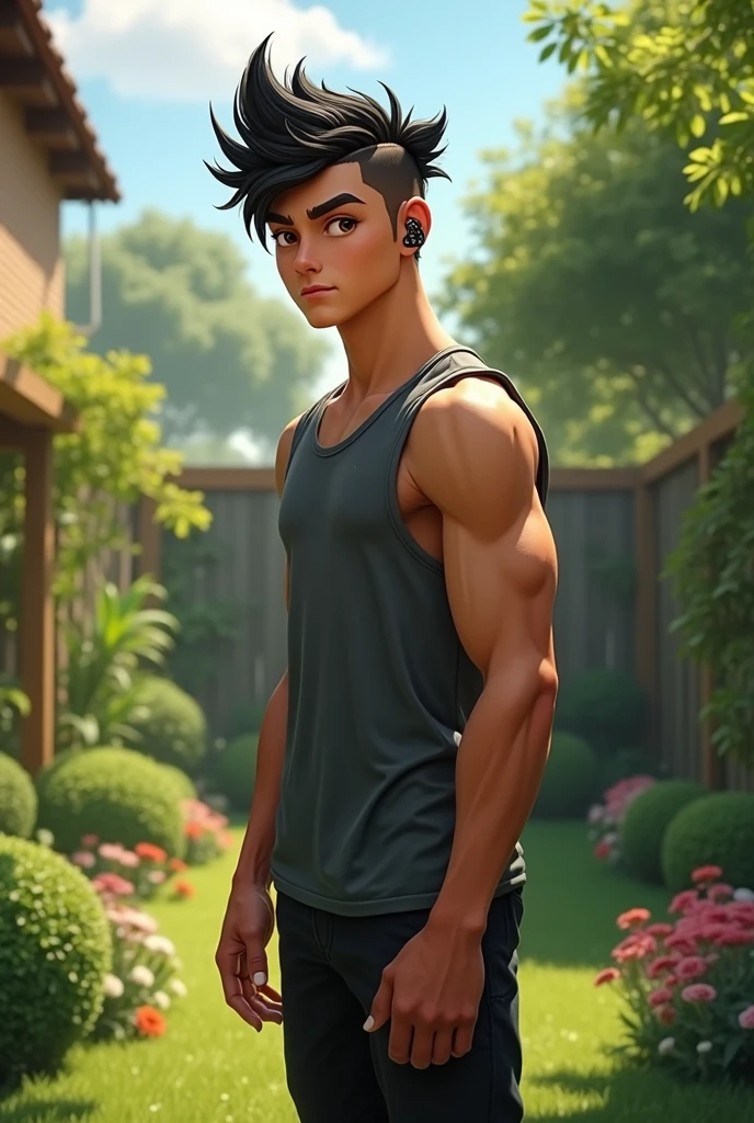 In cinematics 3D cartoon style " a young man is standing in a park, wearing orange shirt and a black pant, his body is fill with tattoos "