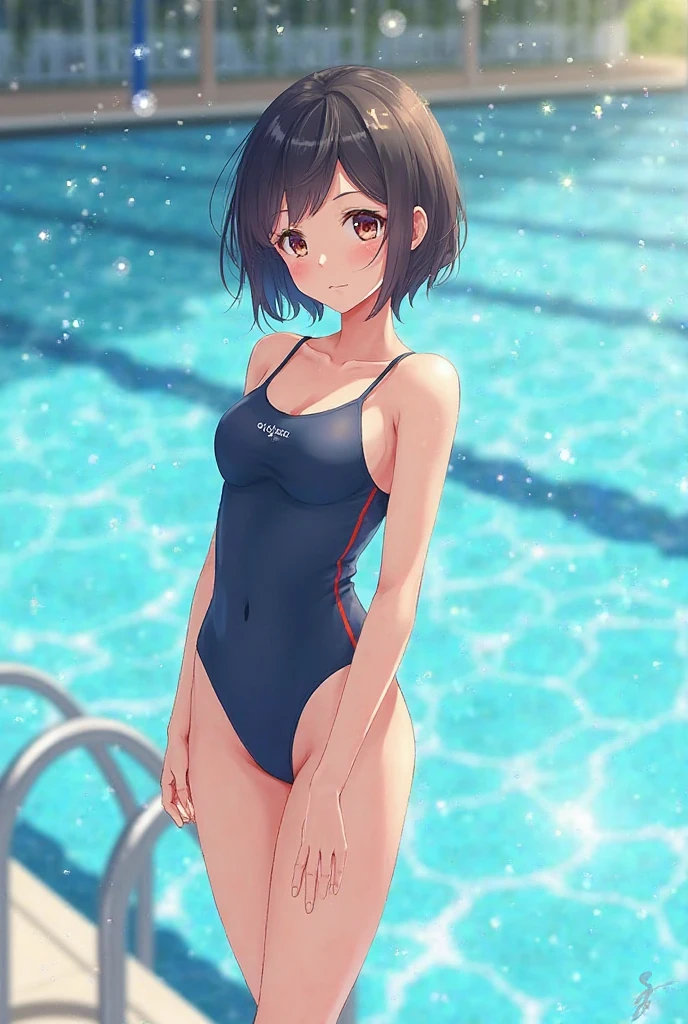 ultra-Top-quality by art God, ultra-detailed, high resolution, shinkai makoto style, anime moe artstyle, best anime 8k konachan wallpaper, pixiv contest winner, perfect anatomy, break,(Please draw a picture of a girl in a swimsuit sitting sleepily on a bench by the poolside alone.),break, a hyperrealistic school girl, (Solo,lolita, ???, 13-year-old:1.3),Full limbs, complete fingers, androgynous charm, (very short hair), wet hair, small breasts,slender body, Small butt, groin, Small black eyes,hanme,beautiful detailed eyes, well-proportioned iris and pupils, sleepy eyes, highres detailed hair, swimsuit, wet swimsuit, bare shoulders, thighs, in the school pool. break,super detailed skin, shiny skin, Best lighting powered by famous artist, 8k, illustration,UHD, textured skin,break,((artist:toosaka_asagi )), artist:clamp ,artist:carnelian ,artist:kantoku ,