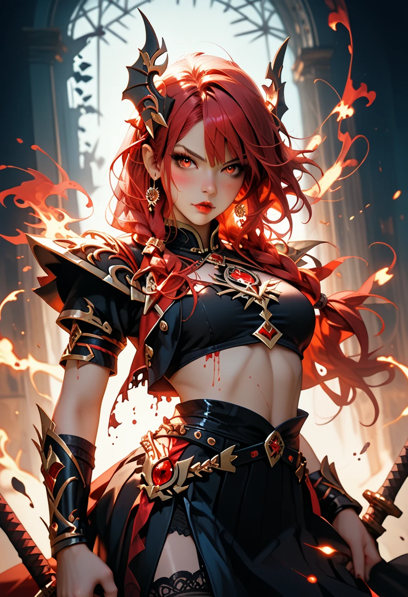 beautiful female warrior, beautiful armor, face detailed, detailedeyes, Ruby Red Eyes, Red hair, beautiful background scenery, scars on the body.