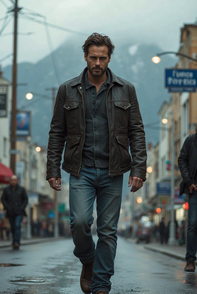 Levitation photography, handsome man wear jacket and snicker, ruin city, snow