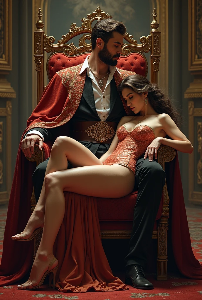 A man sitting on a throne with his scantily clad wife sitting on his lap