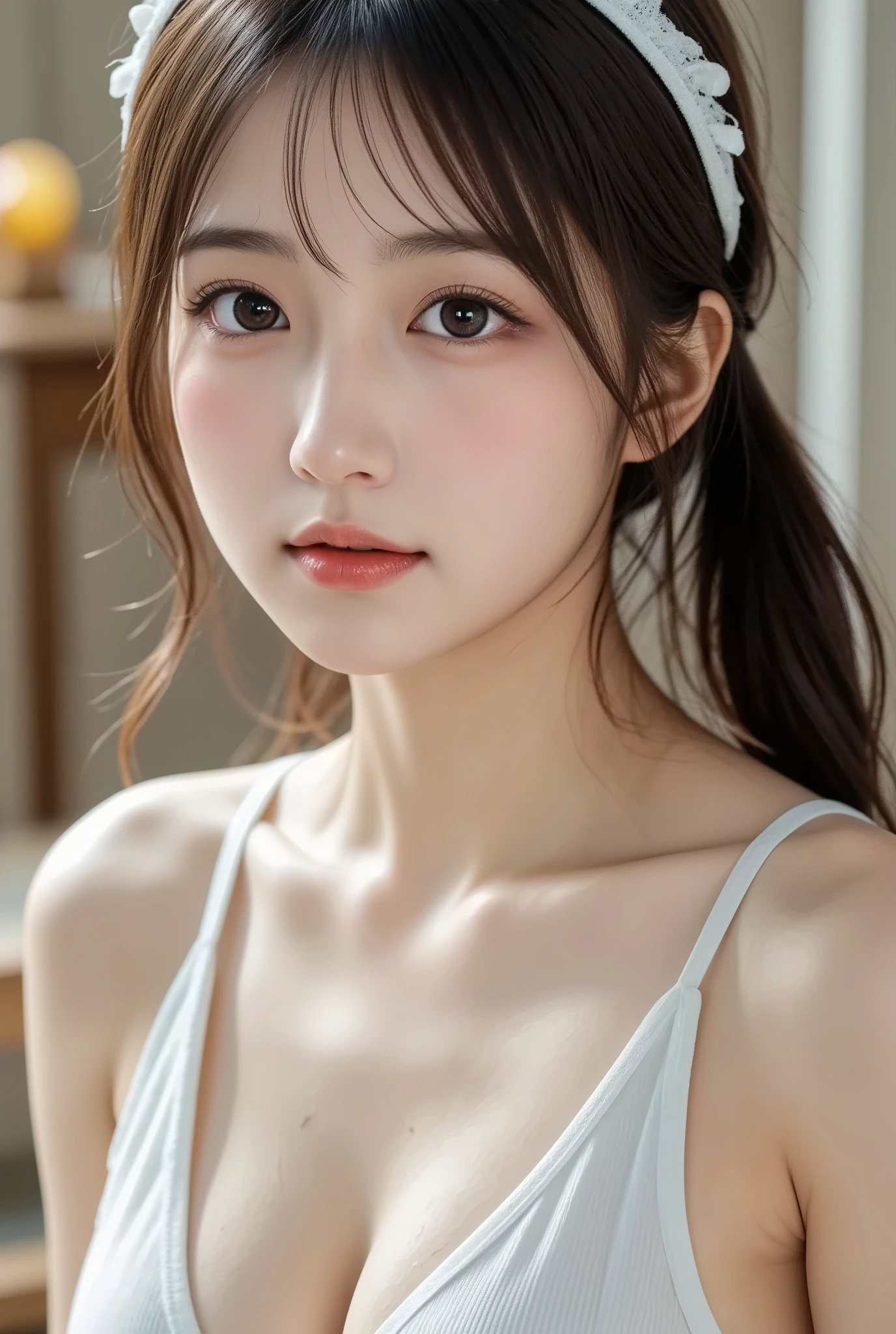 16yk、Raw photo、(masuter piece)、(beste-Qualit)、Hi-Res、(babes)、(realisitic、a photorealistic:1.2)Don't go、poneyTail、14years old、camisole、Eyes closed、Eyes close、severe pain、Open your mouth wide to the maximum、screeming、a room、Background blur