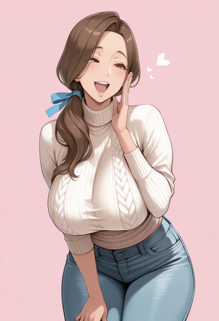 ((Masterpiece)), ((Best Quality)), (Very Detailed), ((Very Detailed)), 4K, (8K), very aesthetic, absurdres highres,1girl, breasts, solo, blond hair, sweater, cleavage, looking at viewer, underwear, bra, cover, large breasts, smile, long hair, clothing cutout, brown eyes, teeth, cleavage cutout, blue sweater, upper body, long sleeves, turtleneck, heart, skirt