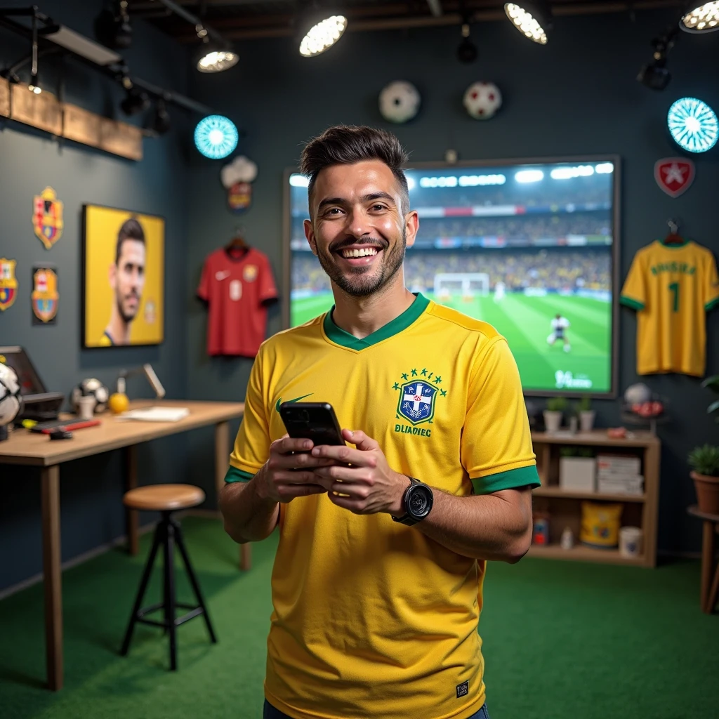 I want a modern bedroom green lights and room theme is green and yellow..and manu posters of pele in Brazil jersey and bedsheet of pele and green themed gaming setup with pele pic on its wallpaper... I want setup view also
