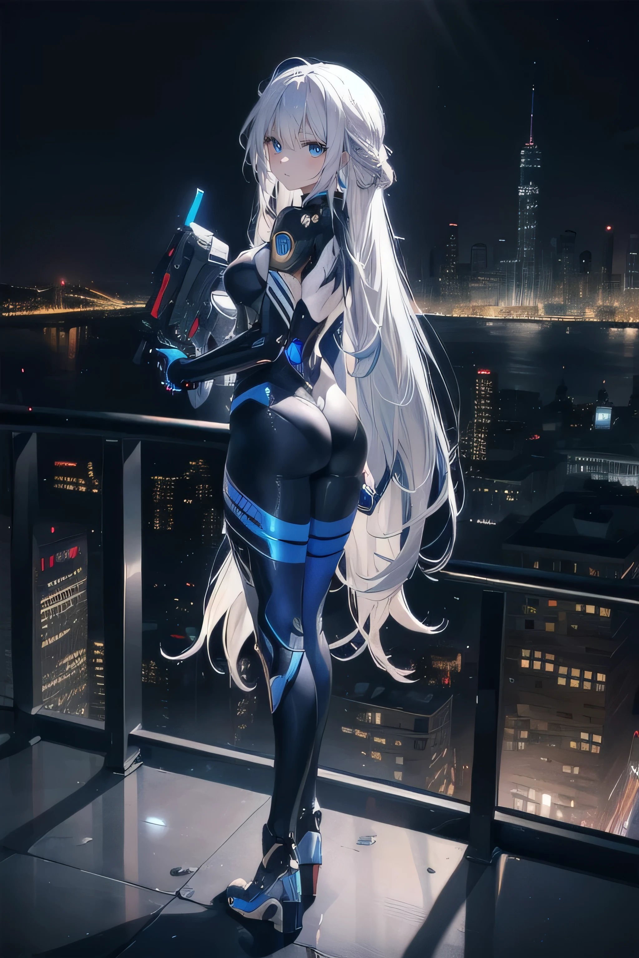 (masterpiece), (best quality), ultra detailed, finely detailed color, cenematic painting, (Top image quality), (Ultra Detailed), (Facing forward), top quality, masterpiece, (((only 1 girl))), Silver Hair, white hair, ((Long hair)), (deep blue eyes:1.6), night, urban, ((holding cybernetic weapon)), ((high leg)), ((bare legs)), ((sleeveless)), battle suit, bodysuit, mecha suit, black suit, skyline, ((city background:1.2))