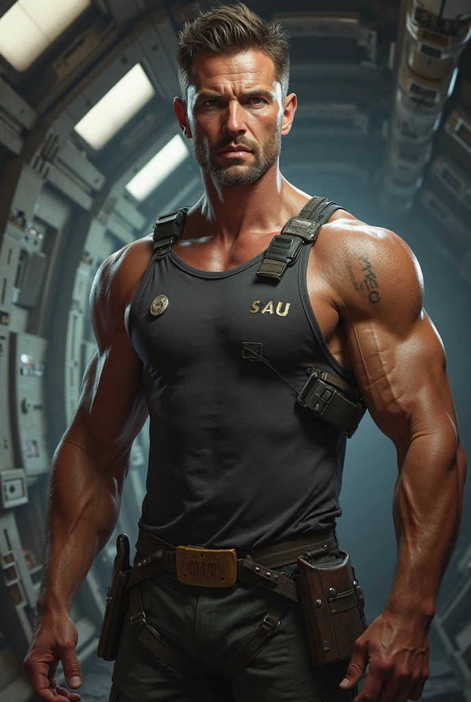(masterpiece, best quality)
MaleShepard, solo, black hair, 1boy, bare shoulders, jewelry, upper body, male focus, dark skin, necklace, looking to the side, muscular, facial hair, dark-skinned male, tank top, beard, realistic, very short hair, manly, dog tags, buzz cut
<lora:epi_noiseoffset2:1> <lora:add_detail:0.5> <lora:MaleShepard:0.8>