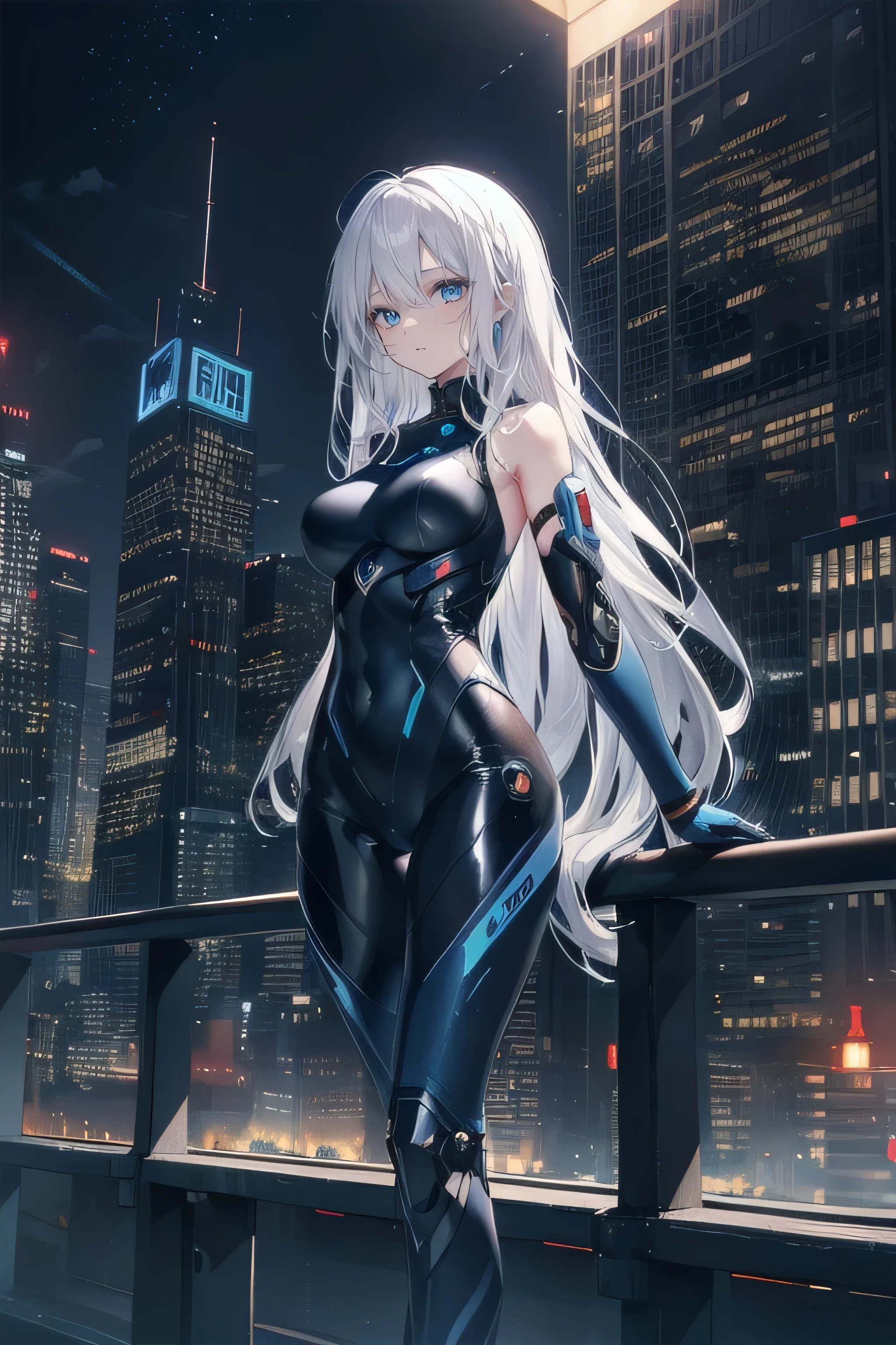 (masterpiece), (best quality), ultra detailed, finely detailed color, cenematic painting, (Top image quality), (Ultra Detailed), (Facing forward), top quality, masterpiece, (((only 1 girl))), Silver Hair, white hair, ((Long hair)), (deep blue eyes:1.6), night, urban, ((holding cybernetic weapon)), ((high leg)), ((bare legs)), ((sleeveless)), battle suit, bodysuit, mecha suit, black suit, skyline, ((city background:1.2))