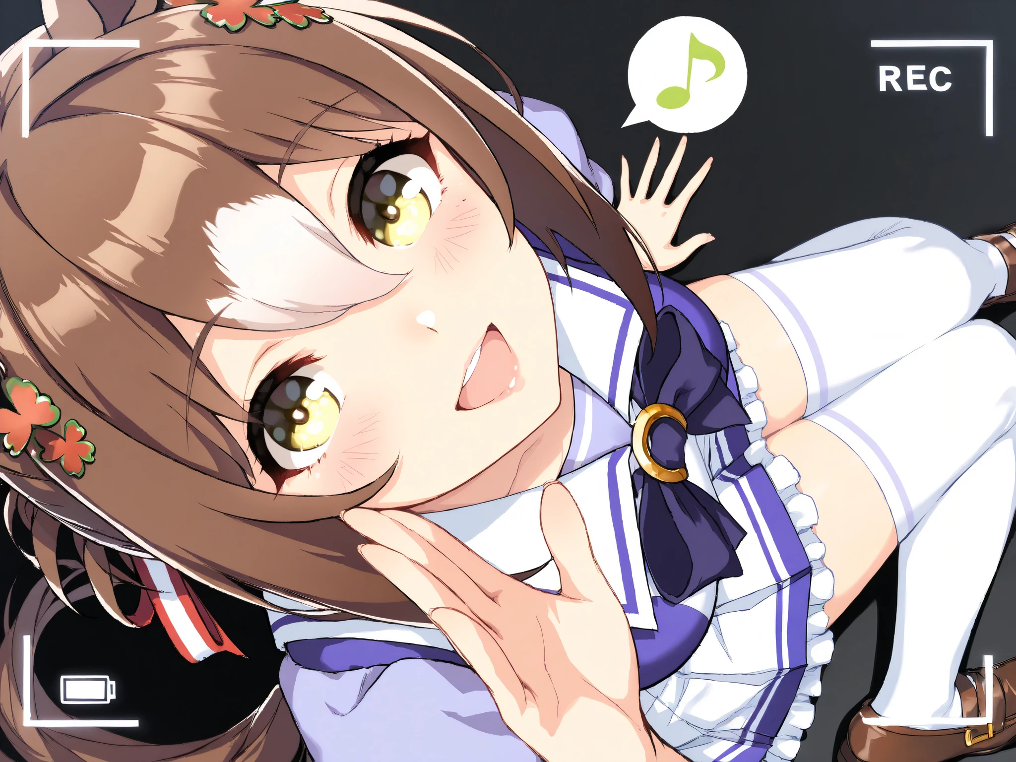Women with Impressive Beautiful Eyes :1.2, beautiful eye for detail, Beautiful Detailed Lips , highly detailed eyes and faces, long eyelashes (cute expression , smile), Detailed lighting and shadows , Anime Style , 8k, Hi-Res, masterpiece:1.4, bright colors,
masterpiece, best quality, absurdres,ultra detailed hair,
clover field,
viewfinder,
(lip gloss,Beautiful Detailed Lips),thick lips,puffy lips,
((1 girl)), fine motion\(umamusume\), nsfw,((1 girl)), tracen school uniform, summer uniform, serafuku, puffy short sleeves, purple bowtie, horseshoe ornament, sailor collar, sailor shirt, purple shirt, white skirt, pleated skirt, frilled skirt, miniskirt, zettai ryouiki, white thighhighs, brown footwear, loafers, blush, thigh, (beautiful hands), (beautiful fingers), body without discomfort, chest, curvaceous, medium breasts, ((masterpiece)), (best quality), (absurdres), (ultra detailed), (very aesthetic),
(looking at viewer:1.2),from above,looking up,
dutch angle,
full-body shot,from head to toe,
close-up of face,
(Sit on the ground:1.2),wariza,
(knees together feet apart:1.5),
(open mouth:1.3),
waving,
smile,happy,
spoken musical note,
You are a professional animator, believe in your own growth and push your limits to create beautiful drawings quickly.