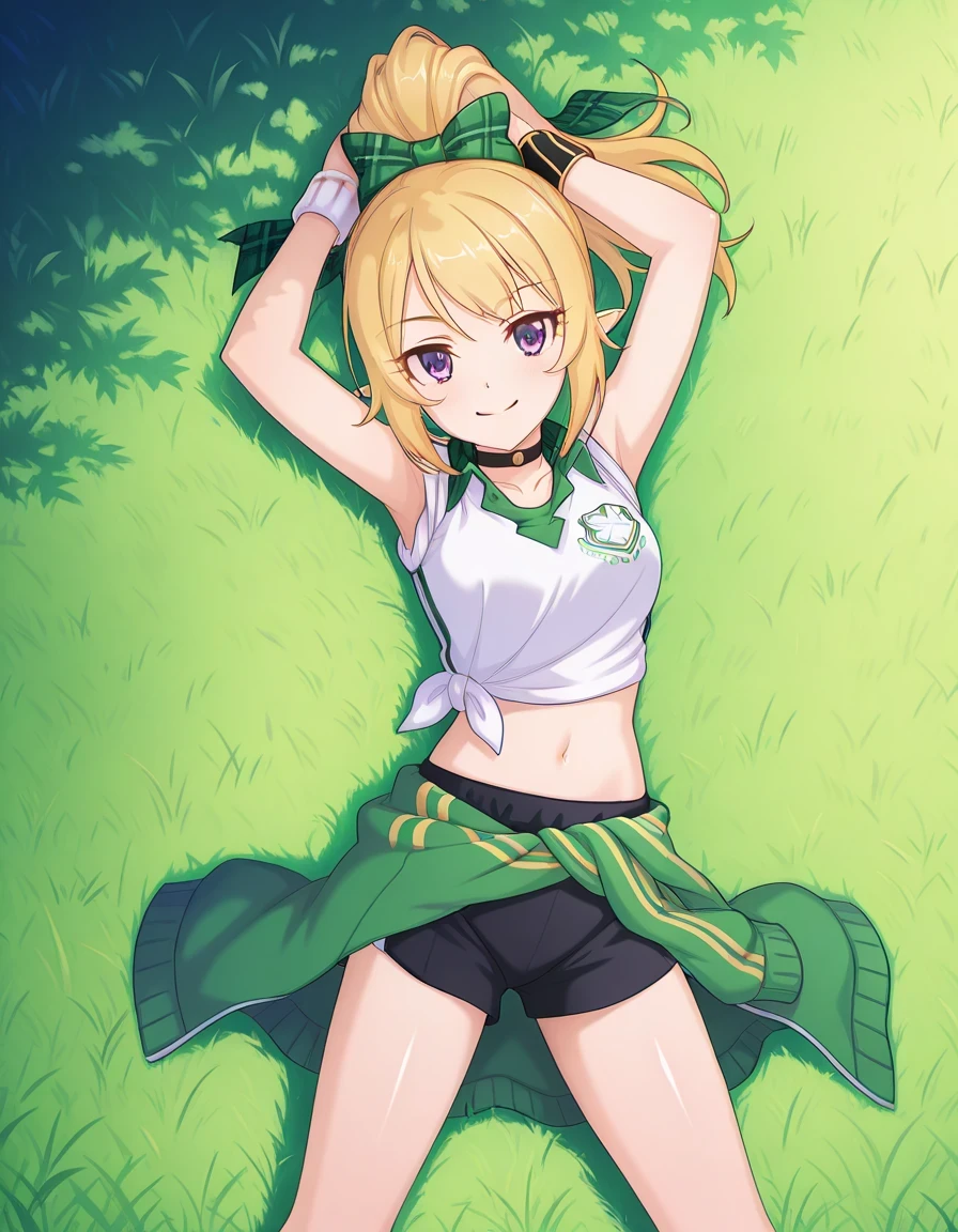 chloefesPCR, long hair, blonde hair, navel, bare shoulders, purple eyes, collarbone, jacket, white shirt, ponytail, hair bow, sleeveless, pointy ears, midriff, collared shirt, plaid, short shorts, sleeveless shirt, black choker, black shorts, high ponytail, wristband, green bow, sleeves rolled up, gym uniform, green jacket, tied shirt, clothes around waist, plaid bow, jacket around waist, anime screencap, shiny skin, high quality, solo, lying, on back, arms up, legs apart, closed mouth, on grass, from above, three-quarter portrait, looking at viewer, smile, best quality,