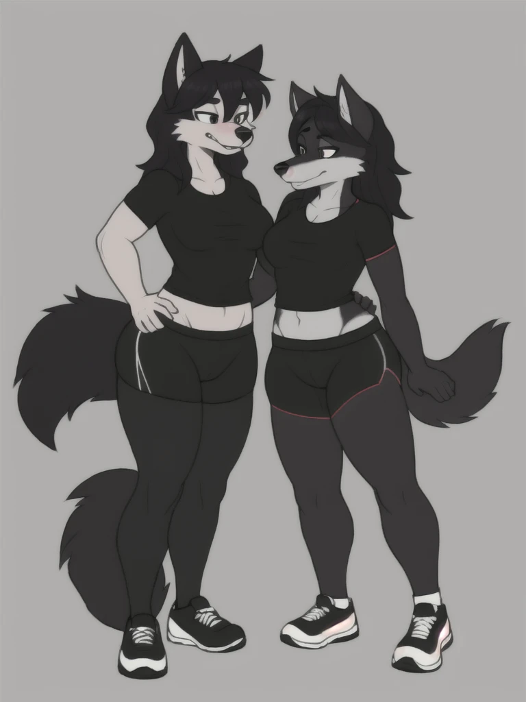 girl, raccoon, furry, breasts, fur, black hair, hair on forehead, disheveled, gray clothing, crop top, hoodie, pants, denim, six pack, alone.