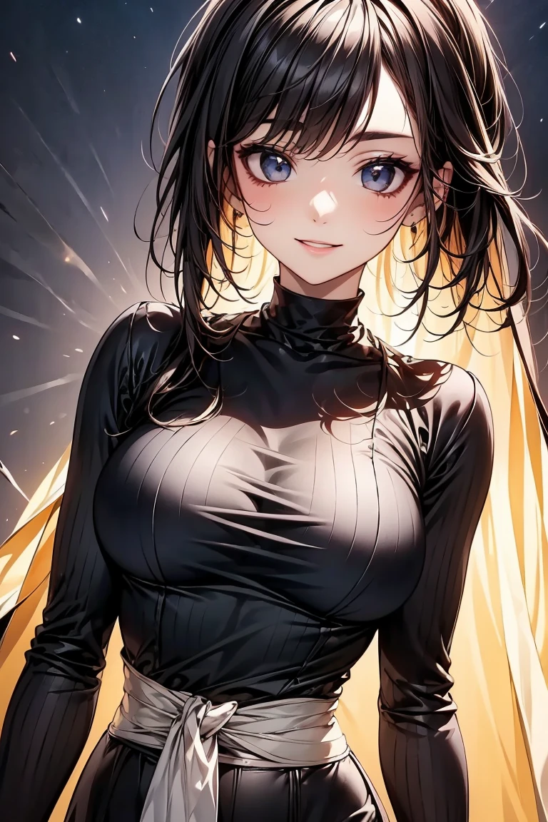 obra maestra, mejor calidad, Alta calidad, extremadamente detallado, 8k wallpaper, 28 year old woman, tes blanca, con un vestido color ????? con amarillo, ojos color amarillo, difuminando el fondo con toque de neon