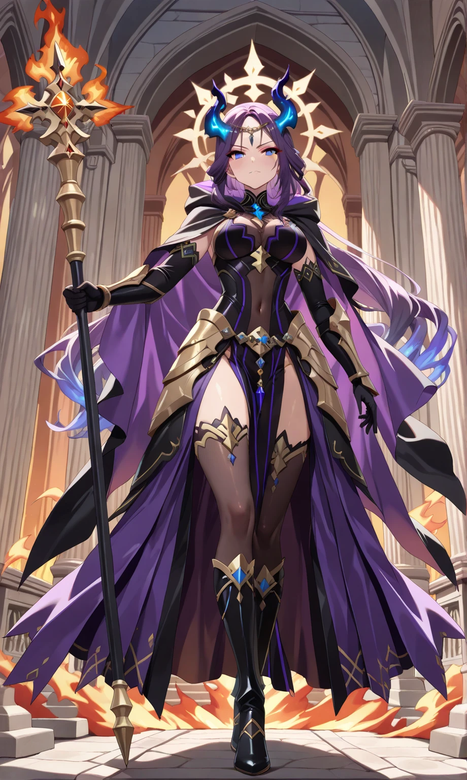 Character expressions: firm, decisive, sharp eyes.
Hairstyle and color: purple curly hair, coiled behind the head, looks very elegant, and slightly elegant.
Clothing style and color: Deep purple battle robe, the robe is scattered to the feet, and the cuffs are depicted with white stars, showing a feeling of starry light in the firmament.
Accessories on the figure: A string of star-sparkling silver chains is worn on her wrist, and silver stud earrings loom in her curly hair.
Character pose: Wearing a war robe, standing above the head of the city, leaning on the pillar with his left hand and a long sword in his right hand, standing in the wind, awe-inspiring.
Location: On the war-torn city wall, under the city tower is a steaming smoke.
Atmosphere: war, tension
Environmental characteristics: The iron riding above the head of the city is empty, and the sword light and shadow are tense and exciting.
Ambient time: Dusk