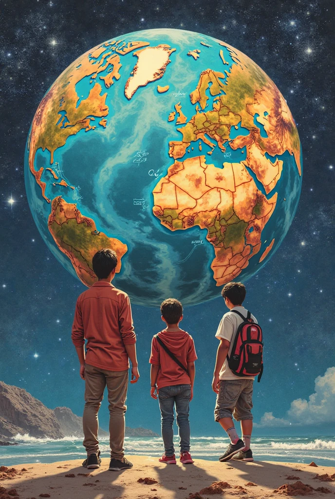 pixar style teenagers lying down and reading a book and the planet earth behind them