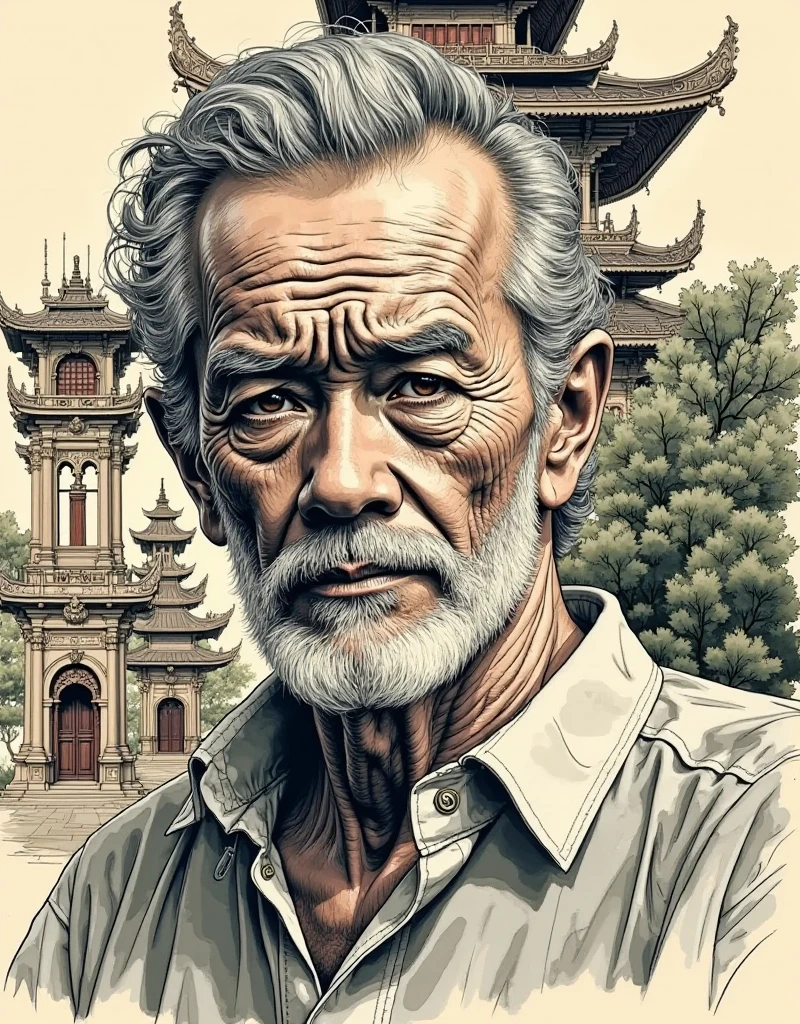 An old man against the background of the oriental pavilion, thoughtful look, expressive facial expressions, anatomically correct hands, finely stylized hair, beard, proportional body, interesting dynamic pose, complex composition, the finest detail, restrained colors, lines, spots, splashes of paint, strokes, color perspective, tonal perspective, stylization, linear digital art, surrealism, illustration, ink, watercolor, graphics, abstraction, high detail, lots of small details