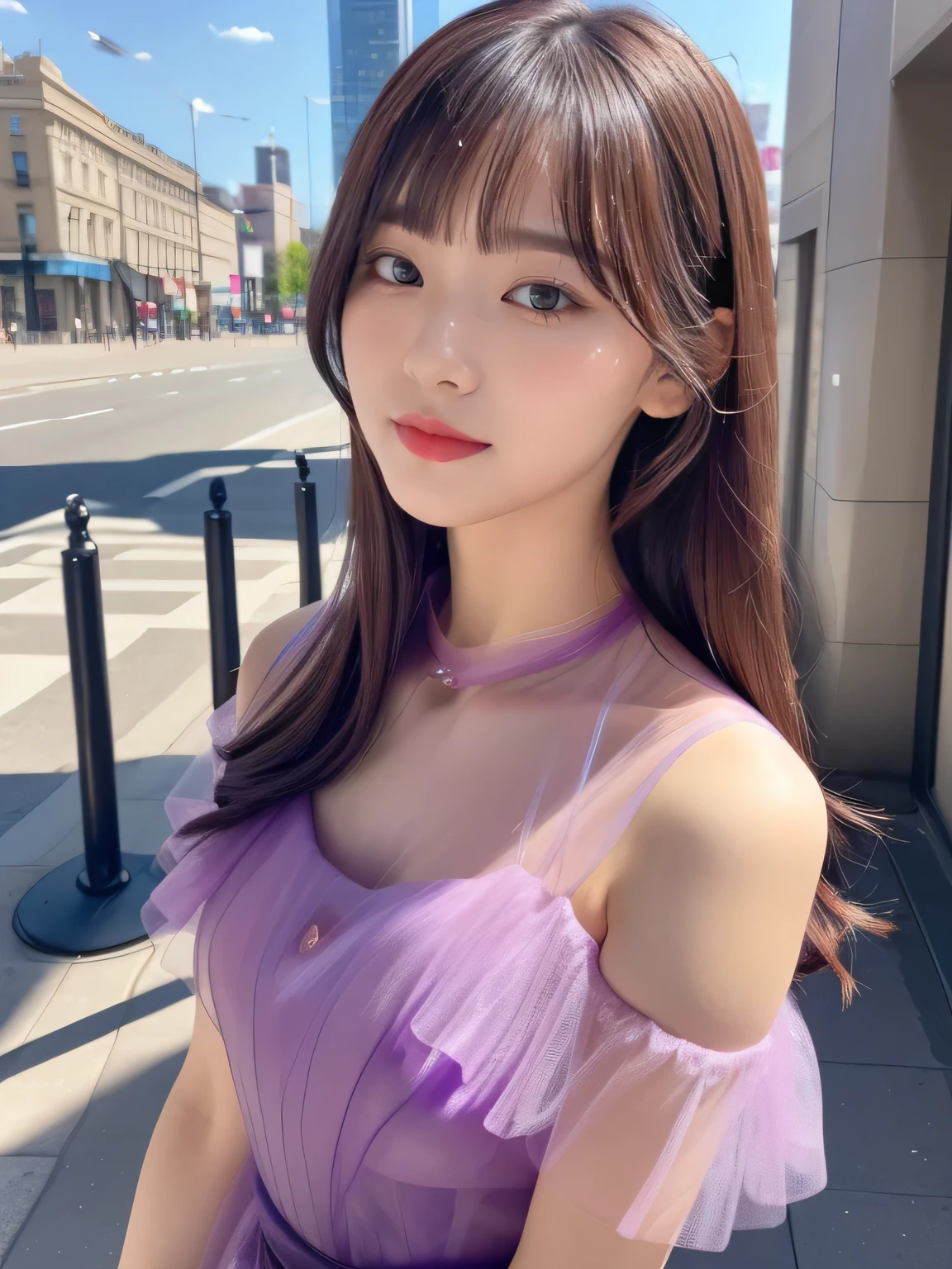 (RAW Photos, highest quality), (Realistic, Photorealistic:1.4), (Masterpiece), (Highest quality), High resolution, 8K resolution, (Intricate details), Portrait, 1 woman, 30 years old, long Hair, Layered Hair, Brown Hair, Highly detailed eyes, Very thin eyebrows, Highly detailed skin, Highly detailed mouth, Highly detailed nose, Cute like an idol, Slender body, smile, ((Pink lipstick)), (An elegant and transparent Deep purple see through short sleeved dress : 1.4), ((Random Body Orientation)), Sunny day cityscape background, ((waist shot)),