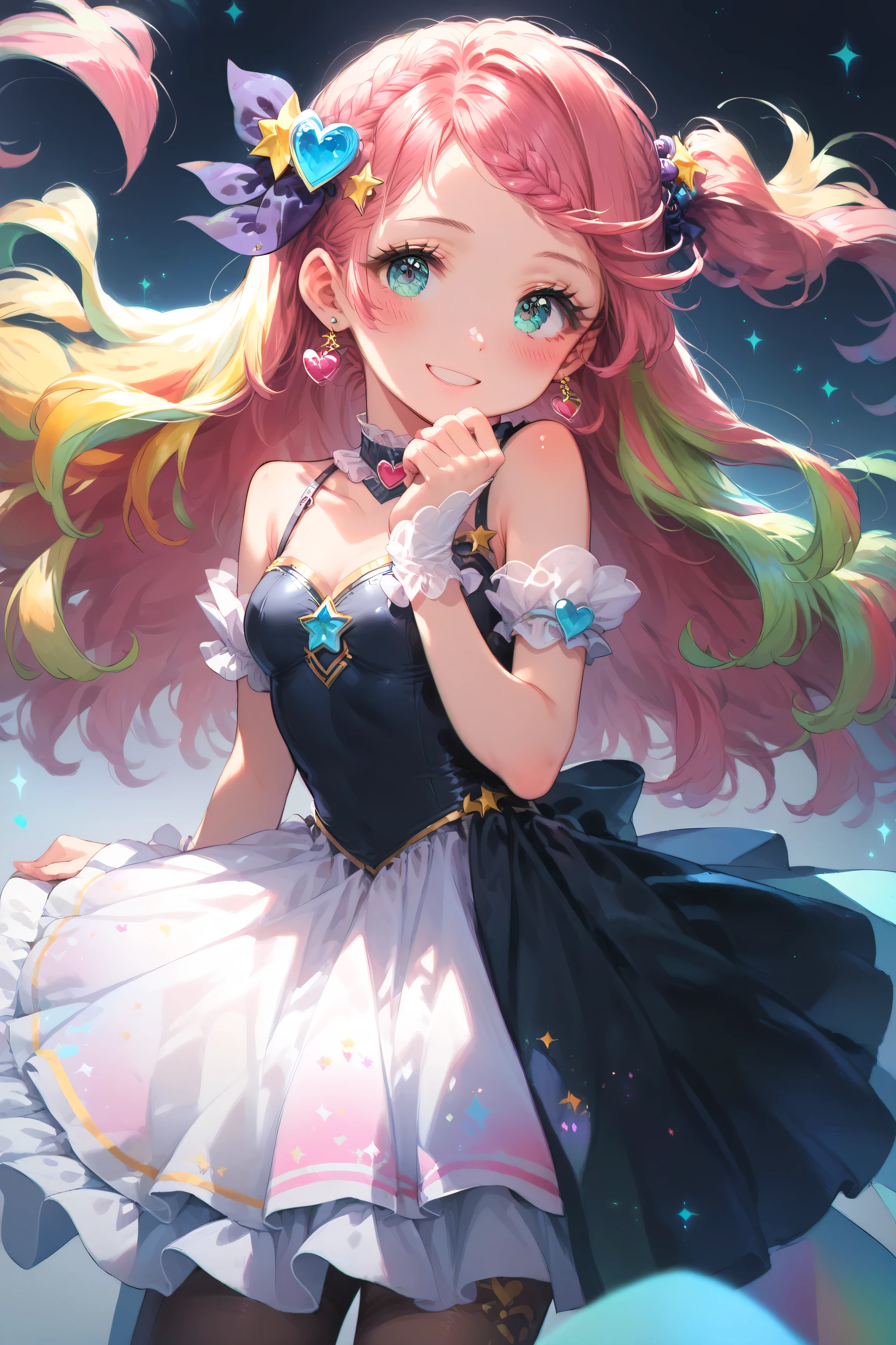 masterpiece,high quality,ultla detail,
colorful background,
1girl,solo,smile,black long hair,prism hair, [pink|blue] eye,Shine eye, Shine, Sparkling, Shine white particles, Wind power increase, full_body, Severe,
on the stage,she is idol,idol's dress,gorgeous,cute,sexy,