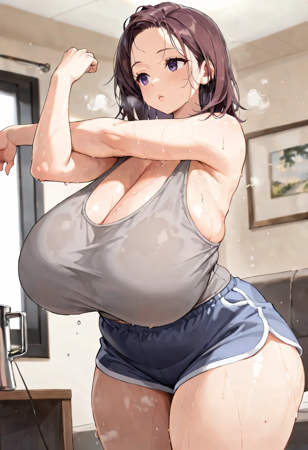 (Perfect body),Best Quality,(8K Portrait),(Official art)、(NSFW)、embarrassed from、:D、(One eye is closed)、(((blush))),(Sweat),((large udder))、(Big ass)、(Brown hair),((short-hair))、(Forehead)、((Parted bangs)), (eyes are brown)、(Brown eyes),(((thick thighs)))、(White sports bra)、(Black leggings)、((Arms above the head))、Armpits、Training room