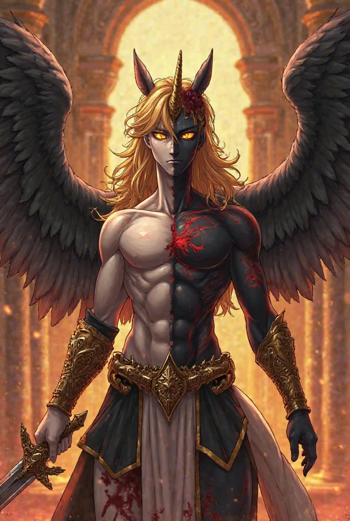 lucifer, angel, 6 wings, nude, orange hair, male, highly detailed, intricate details, dramatic lighting, cinematic atmosphere, vibrant colors, masterpiece, photorealistic, 8k, ultra-detailed, hyperrealistic, dramatic pose, powerful, mystical, ethereal, glowing, divine, celestial, sacred, mythology, fantasy, epic, cinematic, chiaroscuro lighting, dramatic shadows, volumetric lighting, depth of field, bokeh