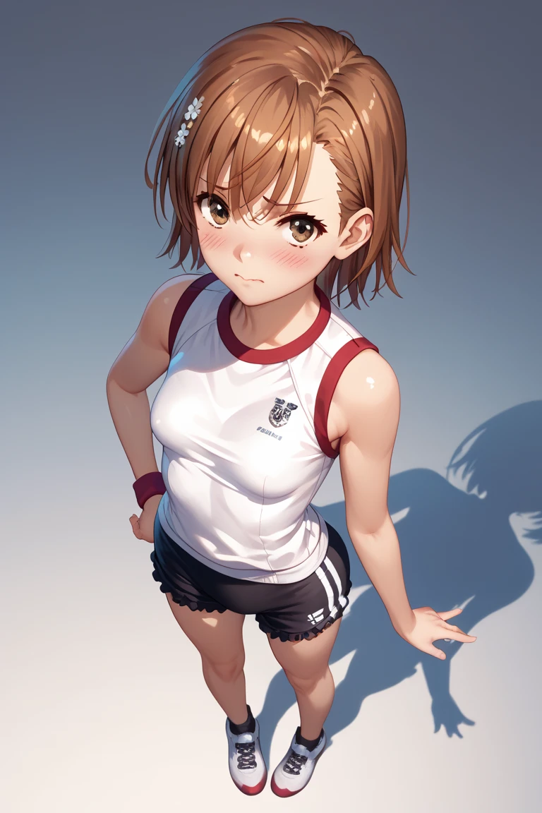 masterpiece, best quality, highres, aamikoto, short hair, hair flower, gym uniform, bare shoulders, sleeveless shirt, white shirt, short shorts, white shorts, standing, cowboy shot, outdoors