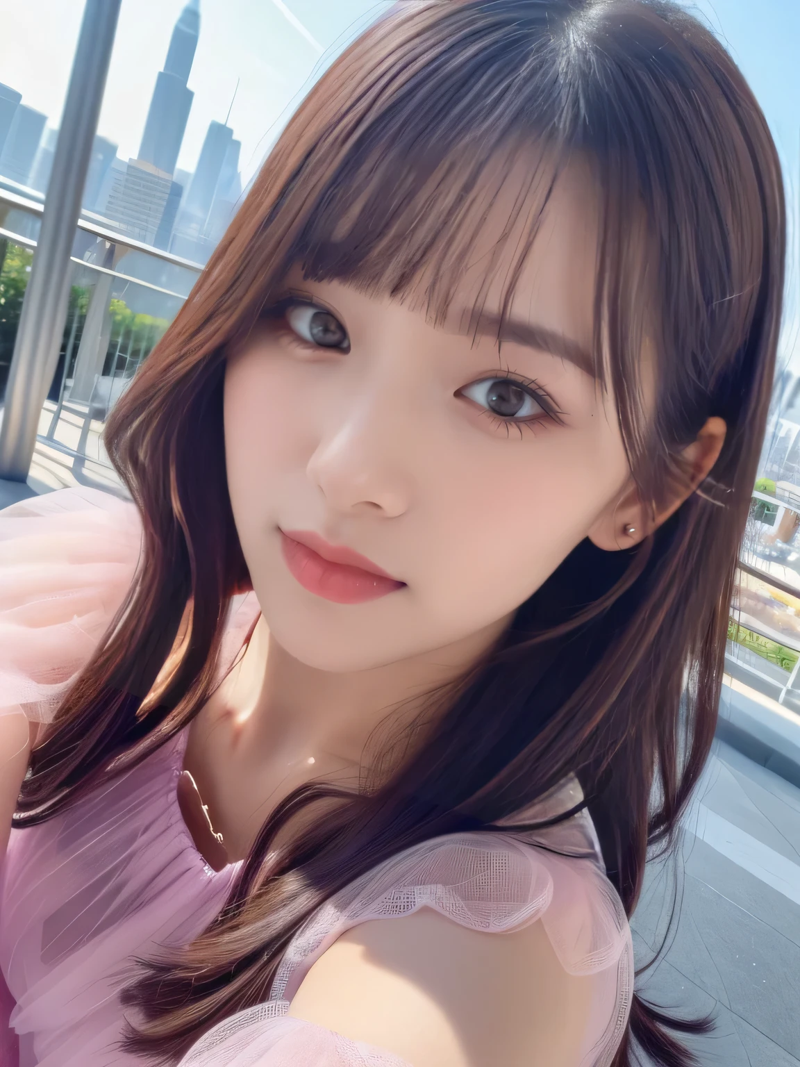 (RAW Photos, highest quality), (Realistic, Photorealistic:1.3), (Masterpiece), (Highest quality), High resolution, 8K resolution, (Intricate details), (Volumetric Light), Portraiture, woman, 30 years old, Medium Hair, Layered Hair, Brown Hair, Highly detailed eyes, Source order, Very thin eyebrows, Highly detailed skin, Highly detailed mouth, Highly detailed nose, Cute like an idol, Slender body, smile, ((Pink lipstick)), ((Look at the viewers)), (An elegant and transparent Black see-through short-sleeved dress :1.2), ((Random Body Orientation)), Sunny day cityscape background, Face looking at camera, Random body orientation,