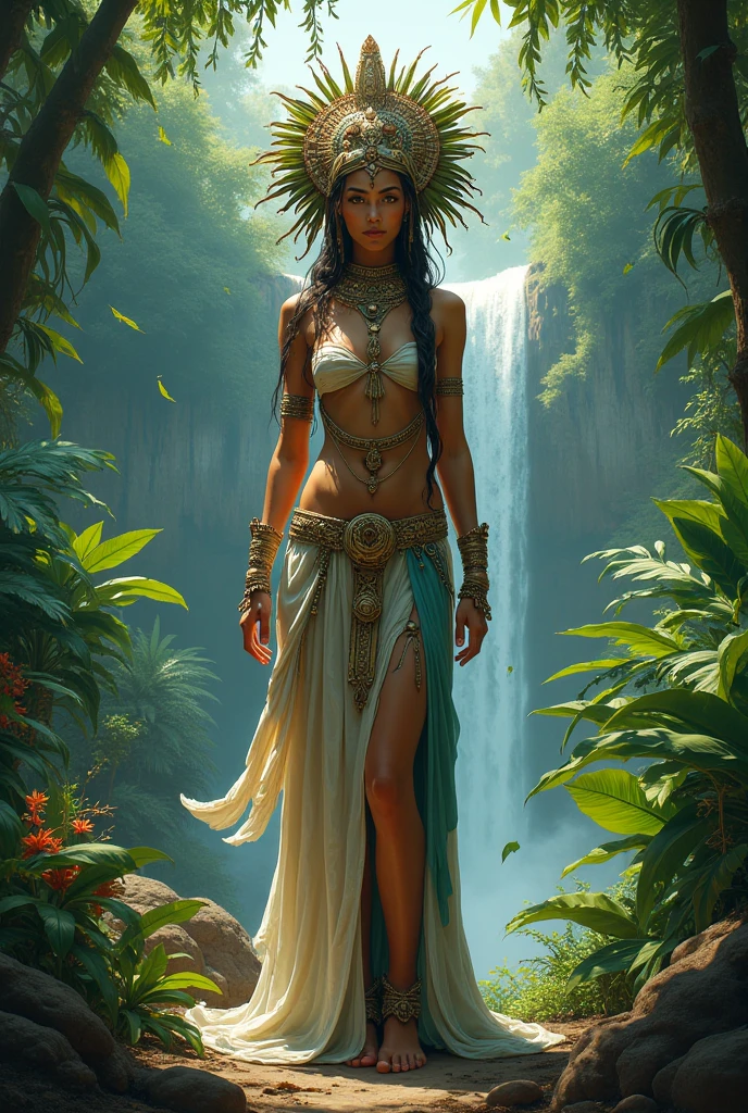 "Moonlit priestess, tropical oasis, magical pond, nocturnal mysteries, ethereal enchantment"