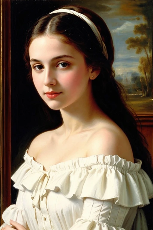[beste-Qualit, tmasterpiece, extra high resolution, photo-realistic, in the style of pin-up, 1girl, off-shoulder, ssmile:20]Background, intricate Renaissance landscape, higly detailed, impressionism:0.2