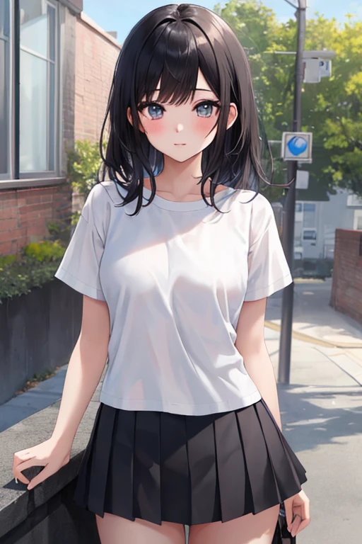 1shot,((perfect anatomy:1.3,realistic:1.3,RAW Photography:1.3,masterpiece、highest quality、Ultra - High resolution、High resolution、Highly detailed CG、8K)),cowboy shot,1 female,solo、20 year old beauty,Japanese,((beautiful detailed face and eyes,gorgeous eyes)),black hair,short hair,bangs,smile,((small breasts,ideal ratio body proportions:1.3,slender body,skinny sweat)),(oily skin,gleaming skin,shiny skin),(t-shirt,Pleated mini skirt),standing,garden、Playground equipment、Outdoor、sunlight、