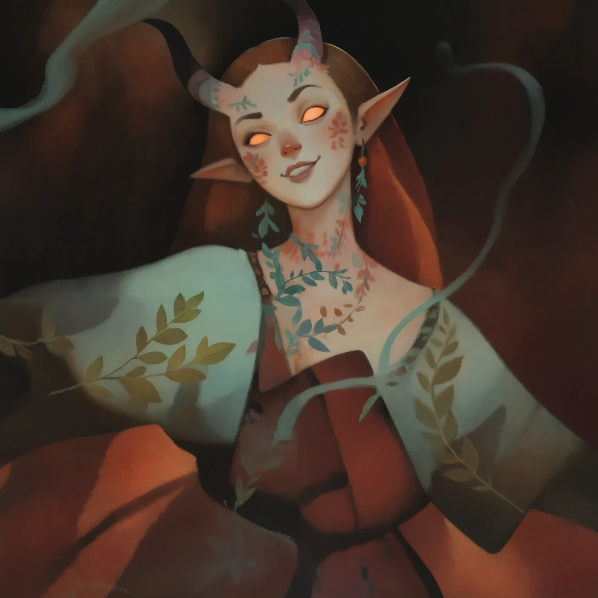 drki, portrait, 1girl, expressive face, face focus, intricate and brutal body tattoos, ethereal atmosphere, fantasy aesthetic, painterly illustration, gouache painting, soft illustration, 2d art, leaves, abstract background, masterpiece, best quality, xss